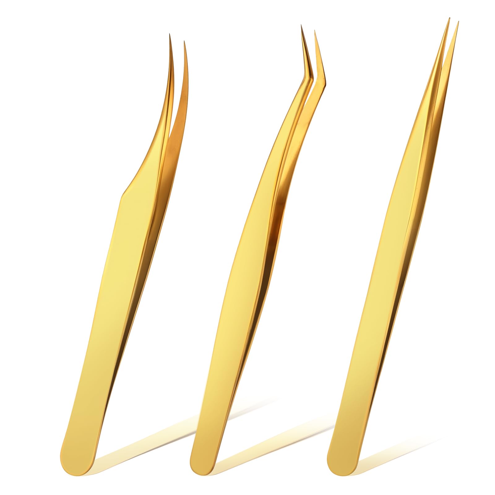 Professional Eyelash Extension Tweezers Set - 3 Stainless Steel Lash Tweezers (Straight & Curved) for Precise Application - Perfect for Salon & Home Use - Gold Finish Beauty Tools