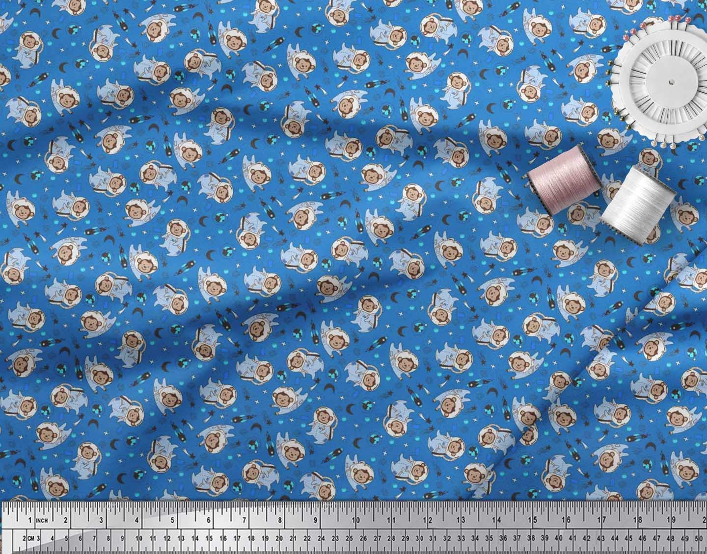 Soimoi Rayon Blue Fabric by The Yard - 56 Inch Wide - Rocket, Planet & Astronaut Monkey Cartoon Kids Textile - Cosmic & Playful Printed Fabric for Kids' Fashion, DIY Projects & Home Decor