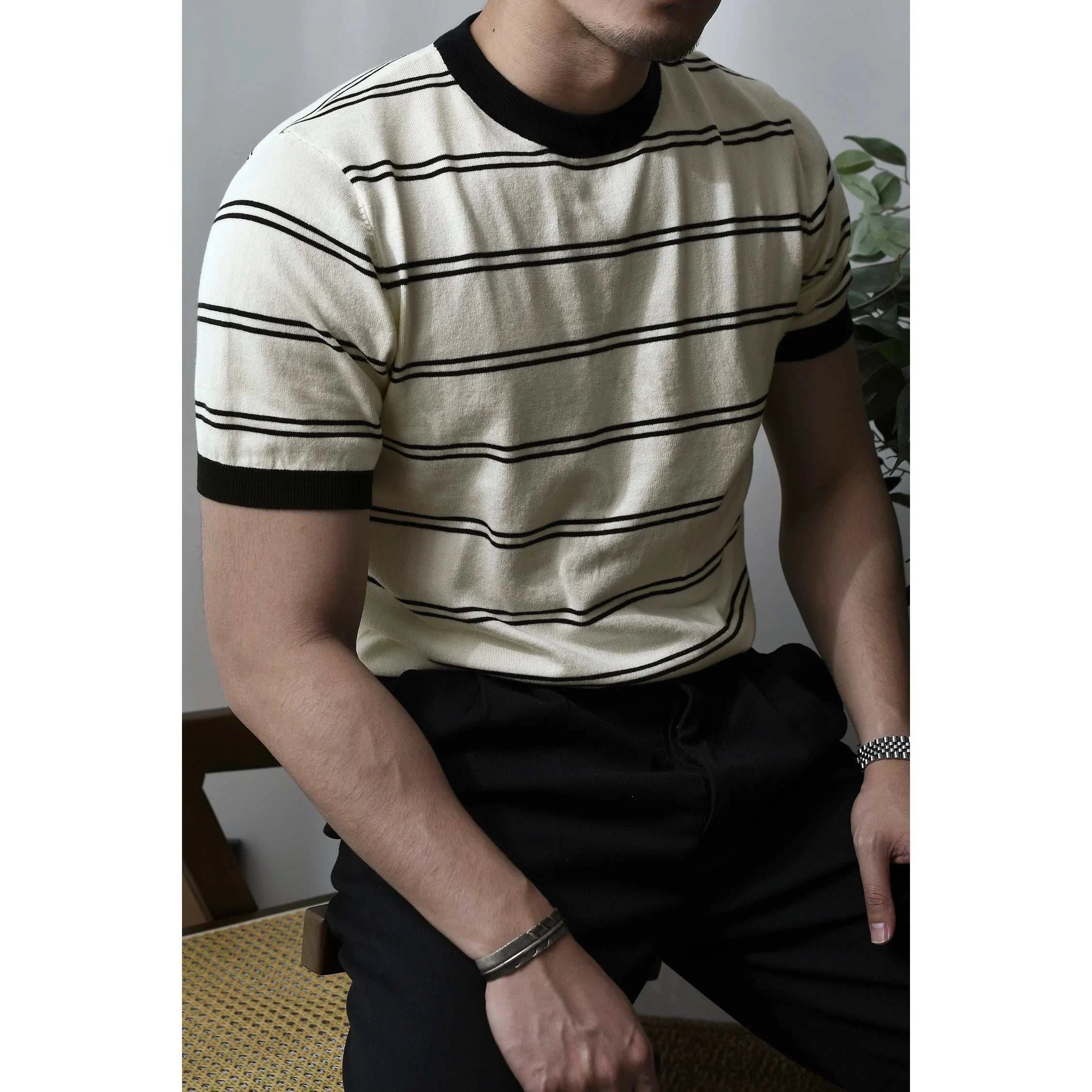 Stylish Smart Casual Striped Summer T-Shirt for Men - Breathable Cotton Comfort Wear for Outdoor Activities & Casual Outings