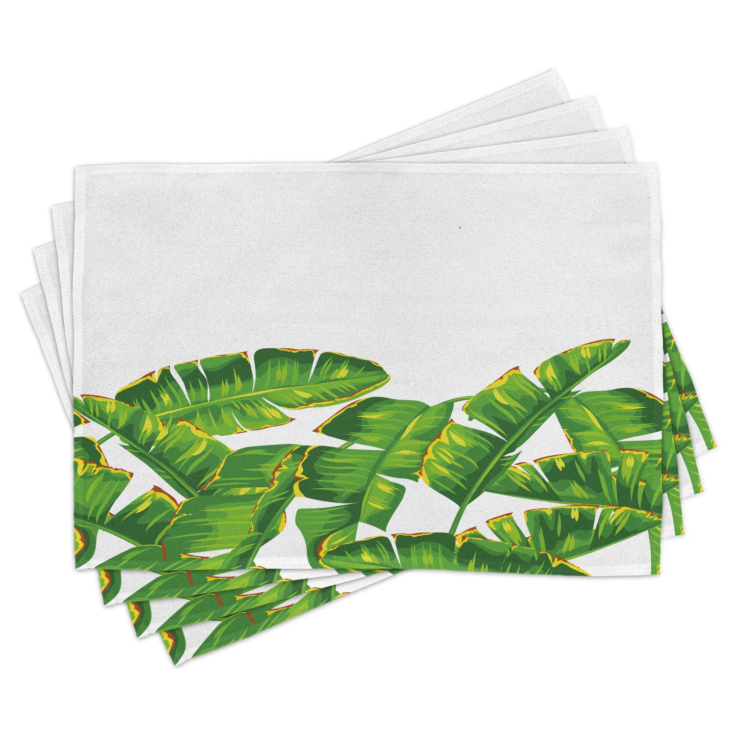 Ambesonne 4-Pack Botany Place Mats - Vibrant Tropical Leaf Design, Washable Fabric for Dining & Kitchen Table Decor in Hunter Green & Yellow | Perfect for Summer Parties, Indoor Picnics, and Home Decor