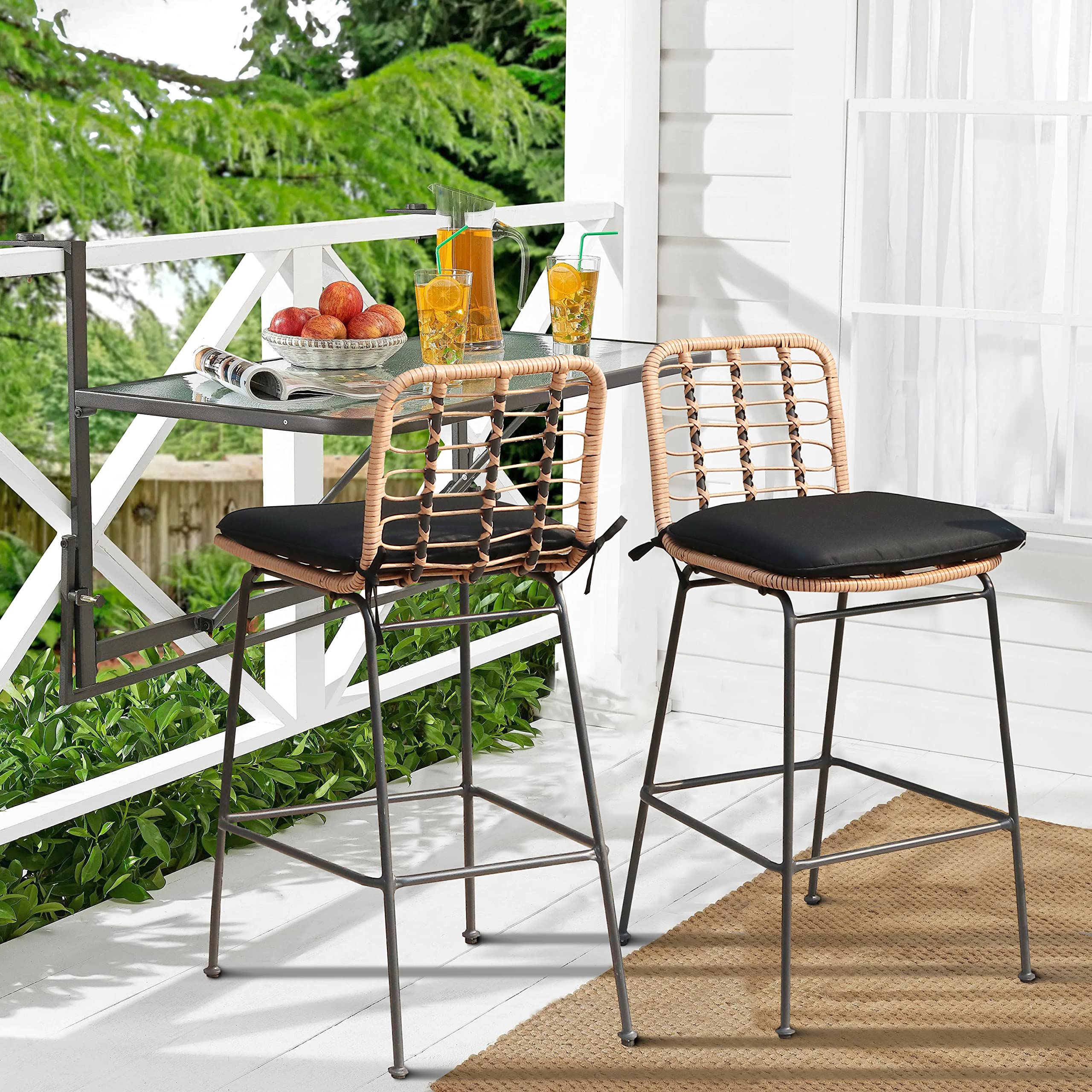 **Patiorama Outdoor Bar Stools Set of 2 – Counter Height Rattan Bar Chairs with Footrest, Hand-Woven Armless Design – Beige & Black Cushion – Perfect for Garden, Pool, Patio, Kitchen, Cafe, and Indoor Use**