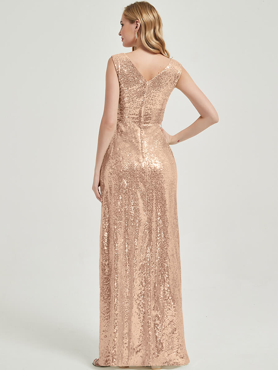 Champagne Gold V-Neck Sleeveless Empire Waist Sequin Maxi Dress for Bridesmaids - Perfect for Weddings, Prom, Evening Parties & Special Occasions