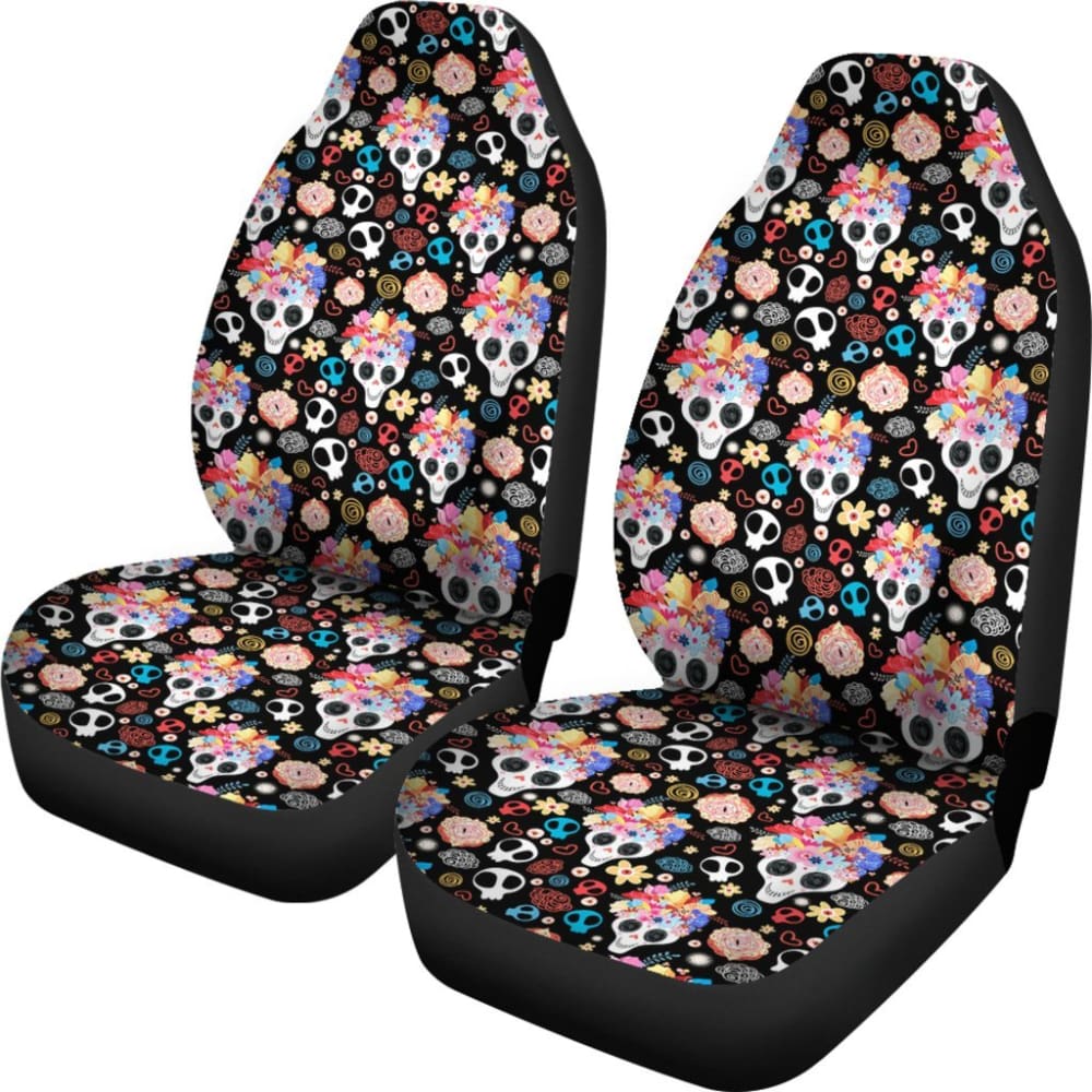 2 Pcs Sugar Skull Car Seat Covers - Universal Fit for Cars, Trucks & SUVs - Durable & Stylish Protection - Perfect for Day of the Dead Decor or Gothic Style Lovers