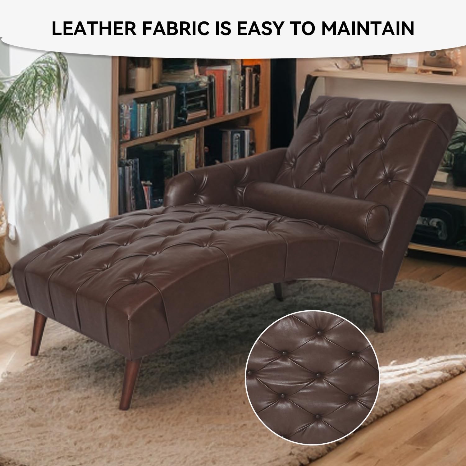 Mid Century Modern Chaise Lounge Chair - Upholstered PU Leather with Lumbar Pillow & Wood Legs - Comfy Indoor Lounge Chair for Living Room, Bedroom | Perfect for Relaxing, Reading & Napping