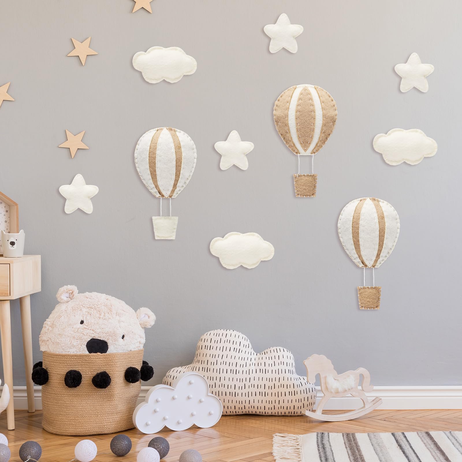10 Pcs Star Hot Air Balloon and Cloud Nursery Wall Decor - Mini Felt Clouds & Stars for Baby Bedroom, Kids Room - Western Style Khaki Felt Wall Hanging - Perfect for Nursery, Toddler Room, and Playroom Decor