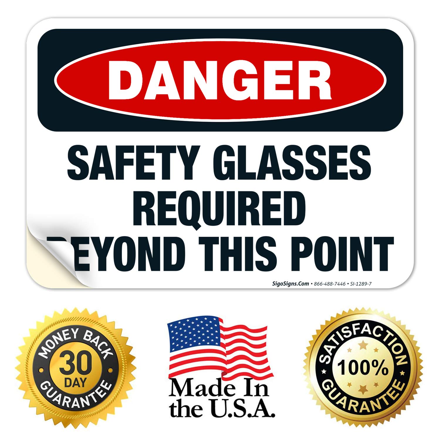 Danger Safety Glasses Required Beyond This Point Sign - OSHA Compliant 10x7 Inches, 4 Mil Vinyl Decal Sticker - Weather Resistant, UV Protected, Long Lasting - Made in USA - Perfect for Construction Sites, Warehouses & Industrial Areas