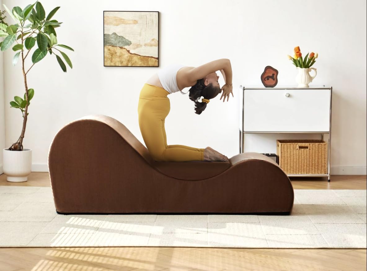 Solace Yoga Chaise Lounge Chair - Ergonomic Stretching & Relaxation Chair with High-Density Foam Core, Removable Washable Cover (Brown) - Perfect for Yoga, Pilates, Meditation & Home Spa
