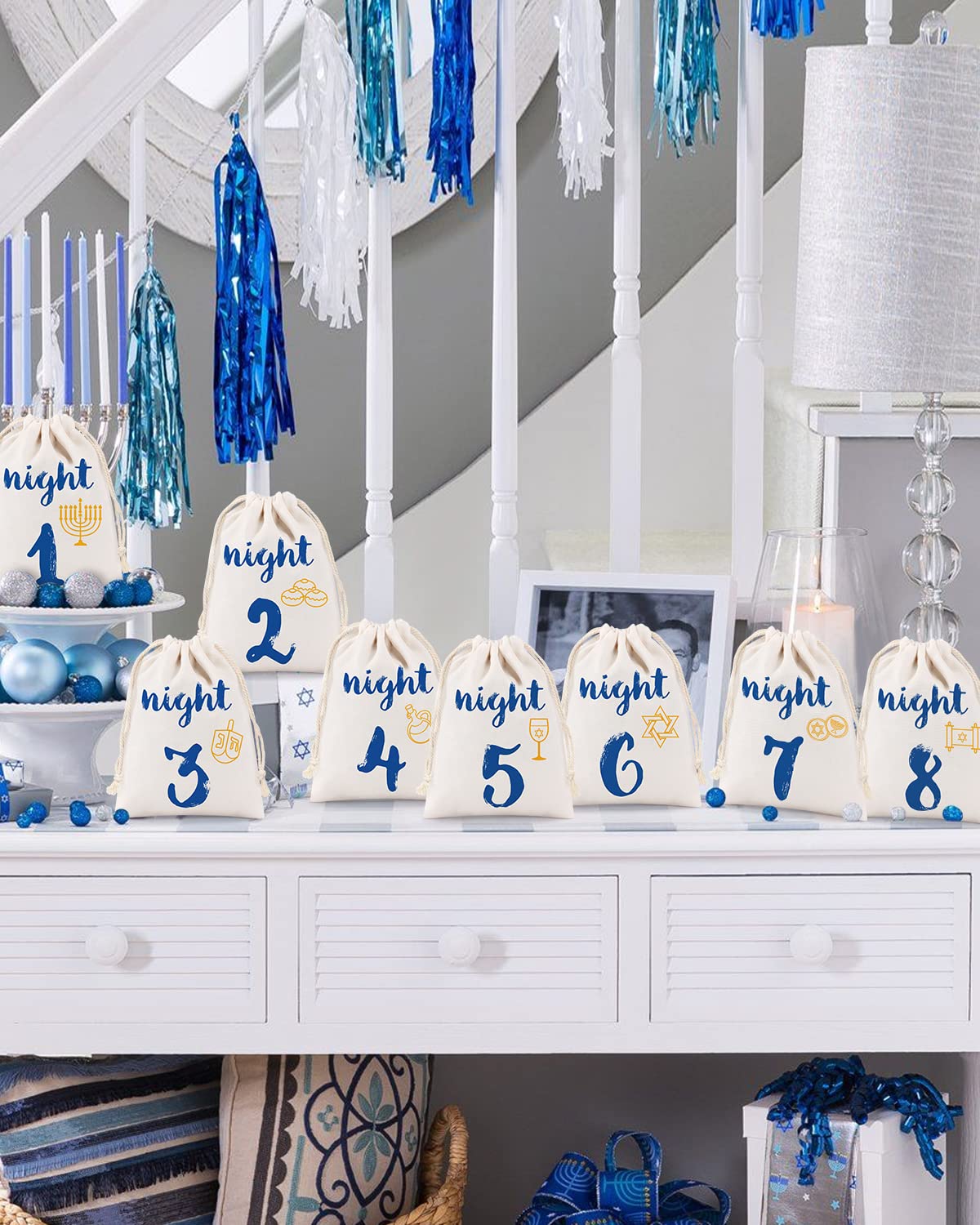 8 Pack Hanukkah Gift Bags - Chanukah Countdown Calendar with Drawstring Burlap Bags for Festival of Lights, Linen Treat Goodie Bags - Perfect for Hanukkah Party Favors, Holiday Celebrations & Jewish Tradition Gifts