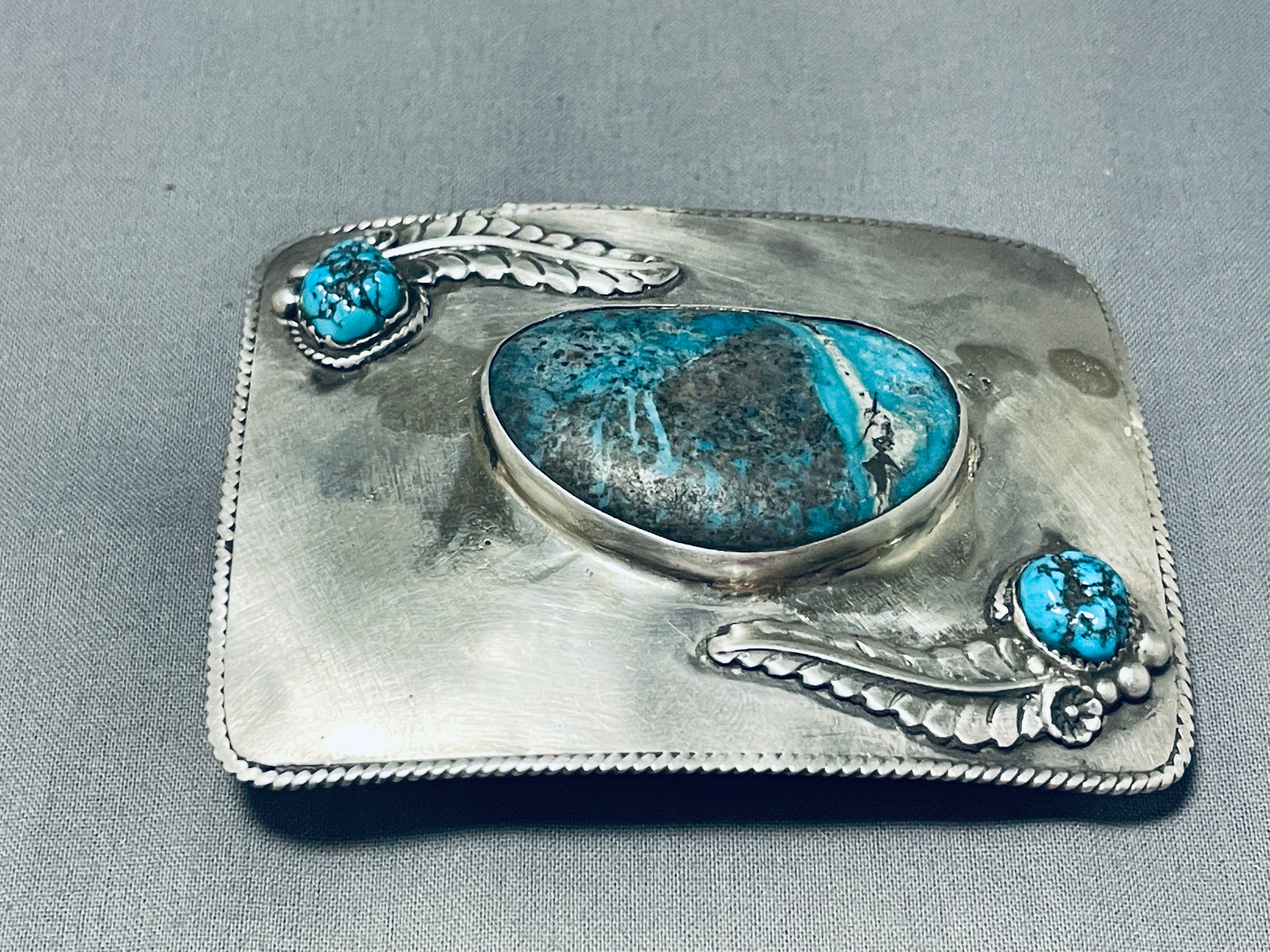 101 Grams Rare Vintage Native American Navajo 3 Kingman Turquoise Sterling Silver Huge Buckle - Authentic Native Jewelry for Western Fashion & Belt Accessories