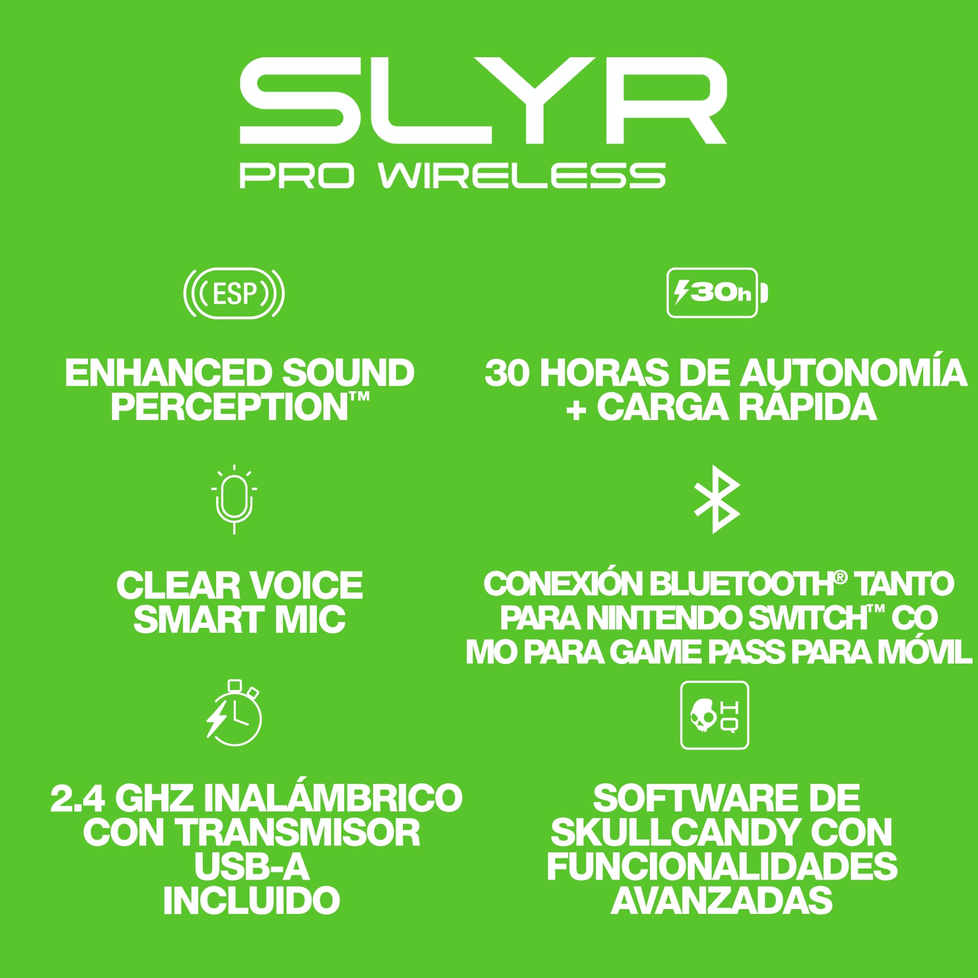 Skullcandy SLYR Pro Wireless Over-Ear Gaming Headset with Ultra Low Latency - Multi-Platform Compatible (Xbox, PC, Nintendo Switch, PlayStation) - Black/Green - Perfect for Competitive Gaming & Immersive Audio Experience