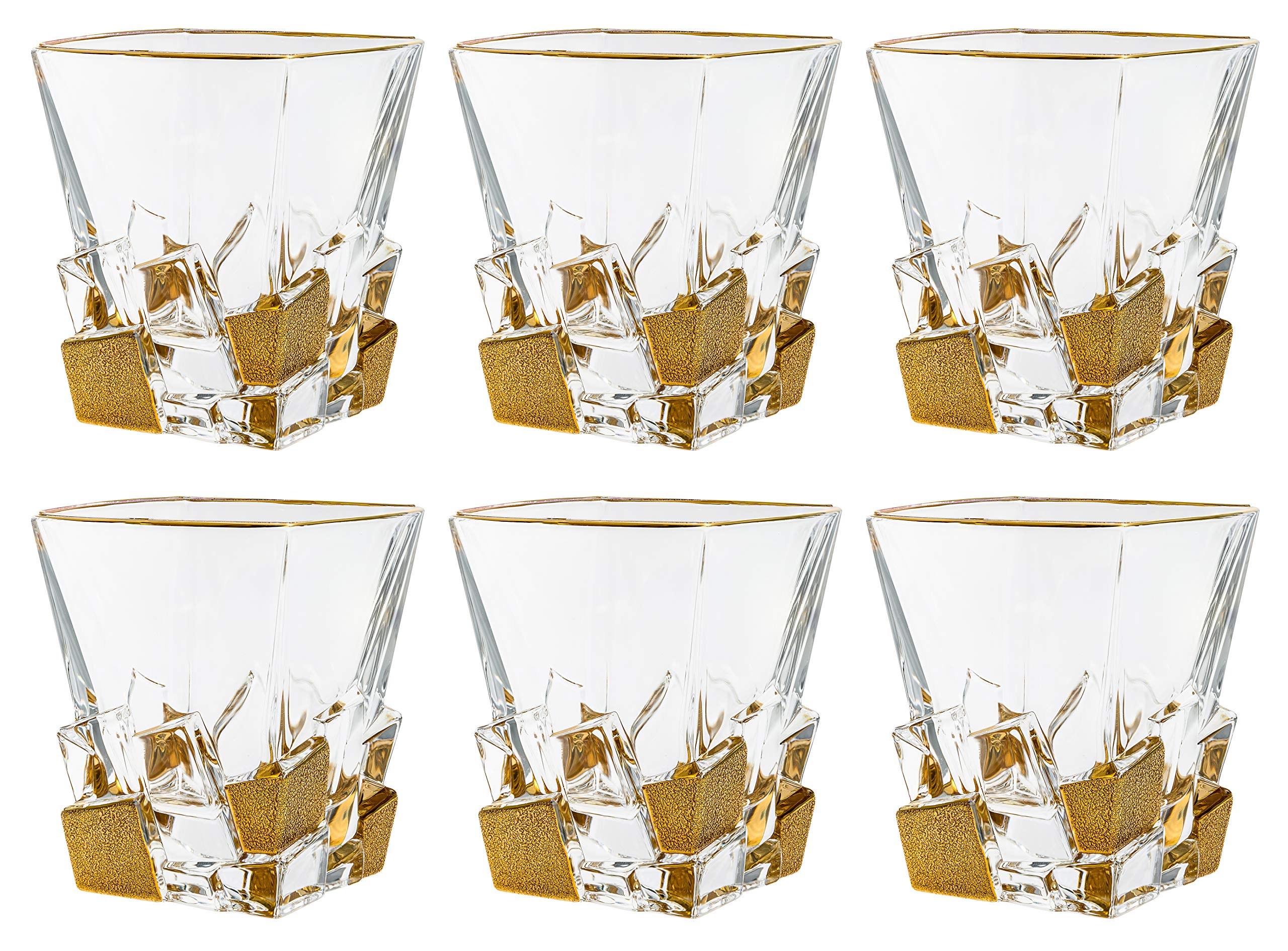 Barski European Crystal Glass Set of 6 - 11.7 oz Square Double Old Fashioned Tumblers with Matte Gold Ice Design - Premium Quality DOF Glasses Made in Europe - Perfect for Cocktails, Whiskey, Bourbon & Home Bar Decor