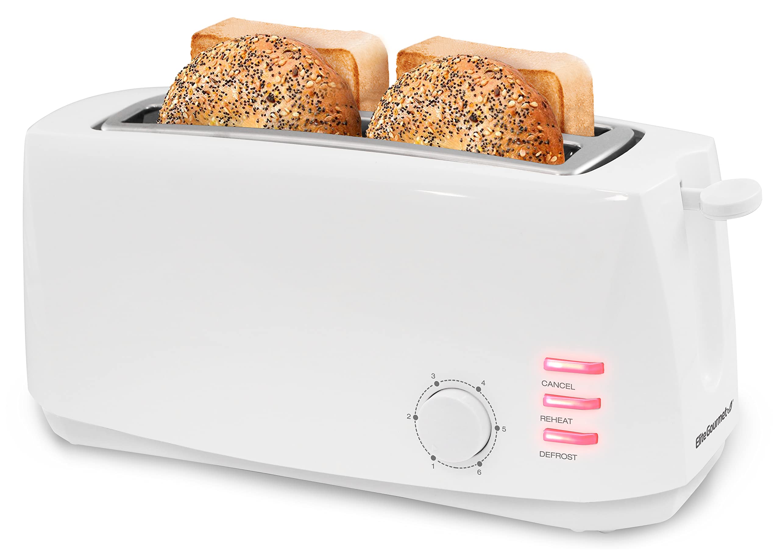 Elite Gourmet ECT-4829 4-Slice Toaster with Extra Wide Slots - 6 Toast Settings, Defrost, Reheat & Cancel Functions - Perfect for Bagels, Waffles & Thick Bread - Includes Slide-Out Crumb Tray (White) - Ideal for Breakfast, Brunch & Family Gatherings