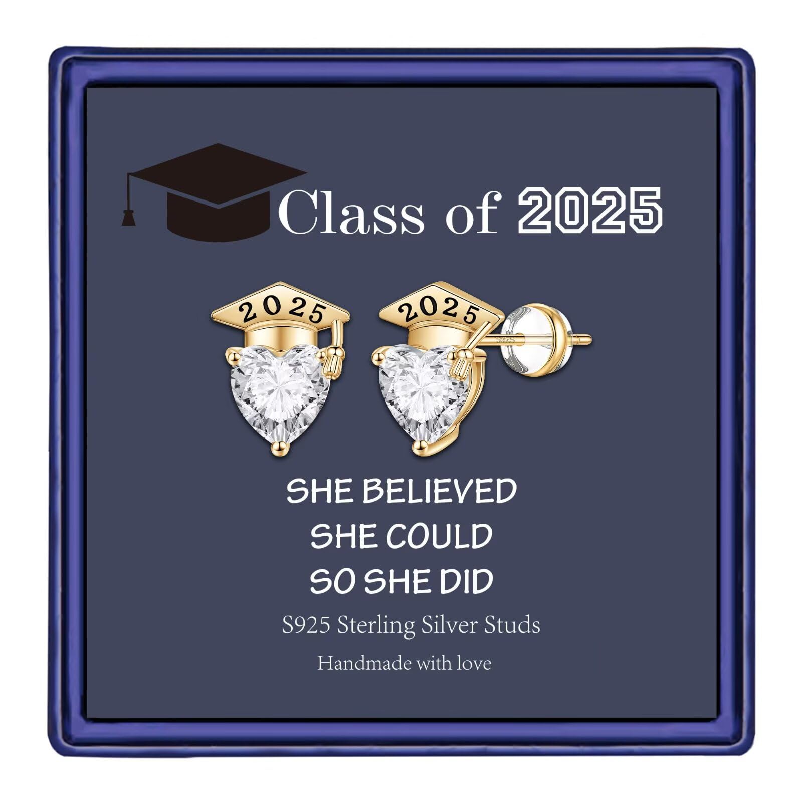 Hidepoo Sterling Silver Heart Stud Earrings for Women - Hypoallergenic S925 Cubic Zirconia Graduation Jewelry Gift for Her | Perfect for College Graduation, Birthday, Anniversary & Sensitive Ears