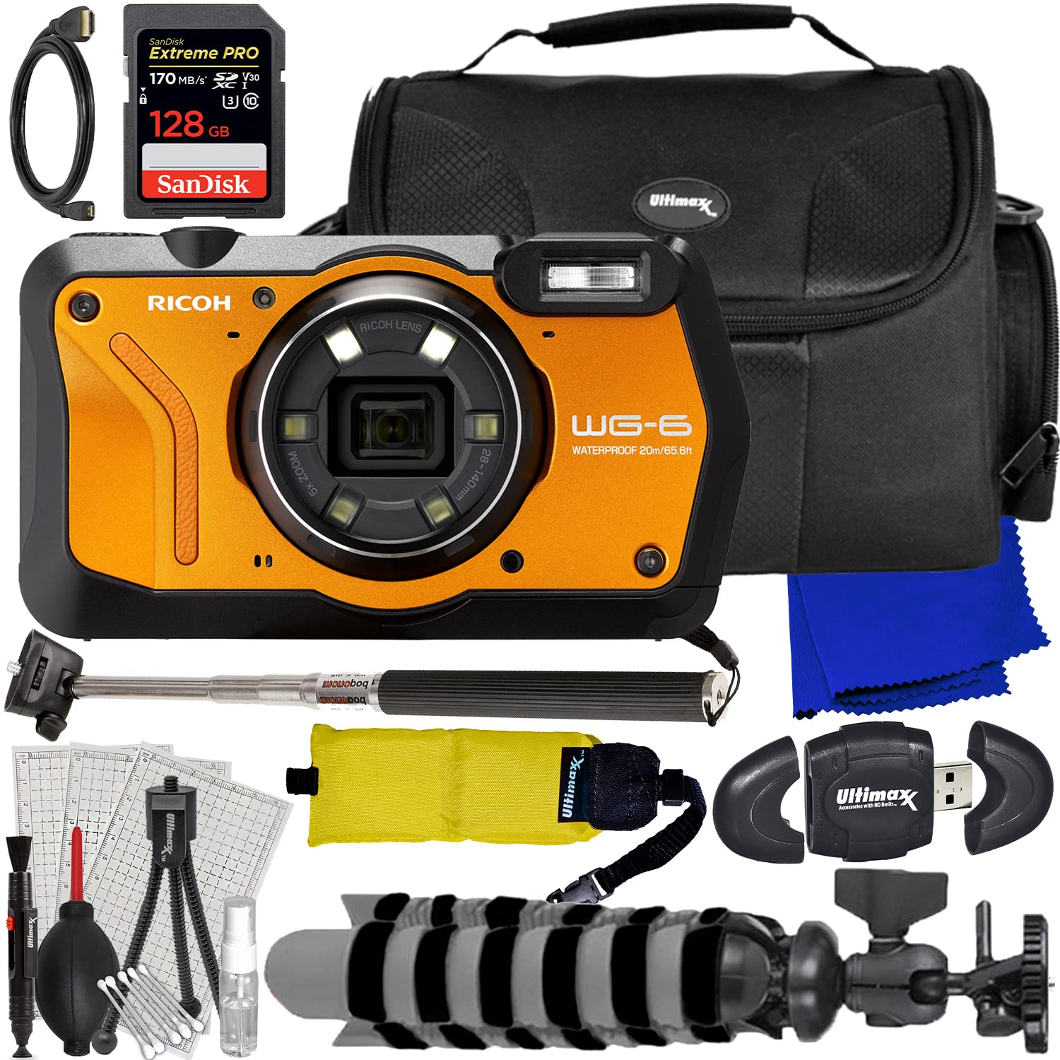 Ultimaxx Advanced Bundle with Ricoh WG-6 Waterproof Digital Camera (Orange), SanDisk 128GB Extreme Pro SDXC, Selfie Stick, Waterproof Gadget Bag, Tripod & Accessories – 21pc Adventure Photography Kit for Travel, Hiking & Underwater Shooting