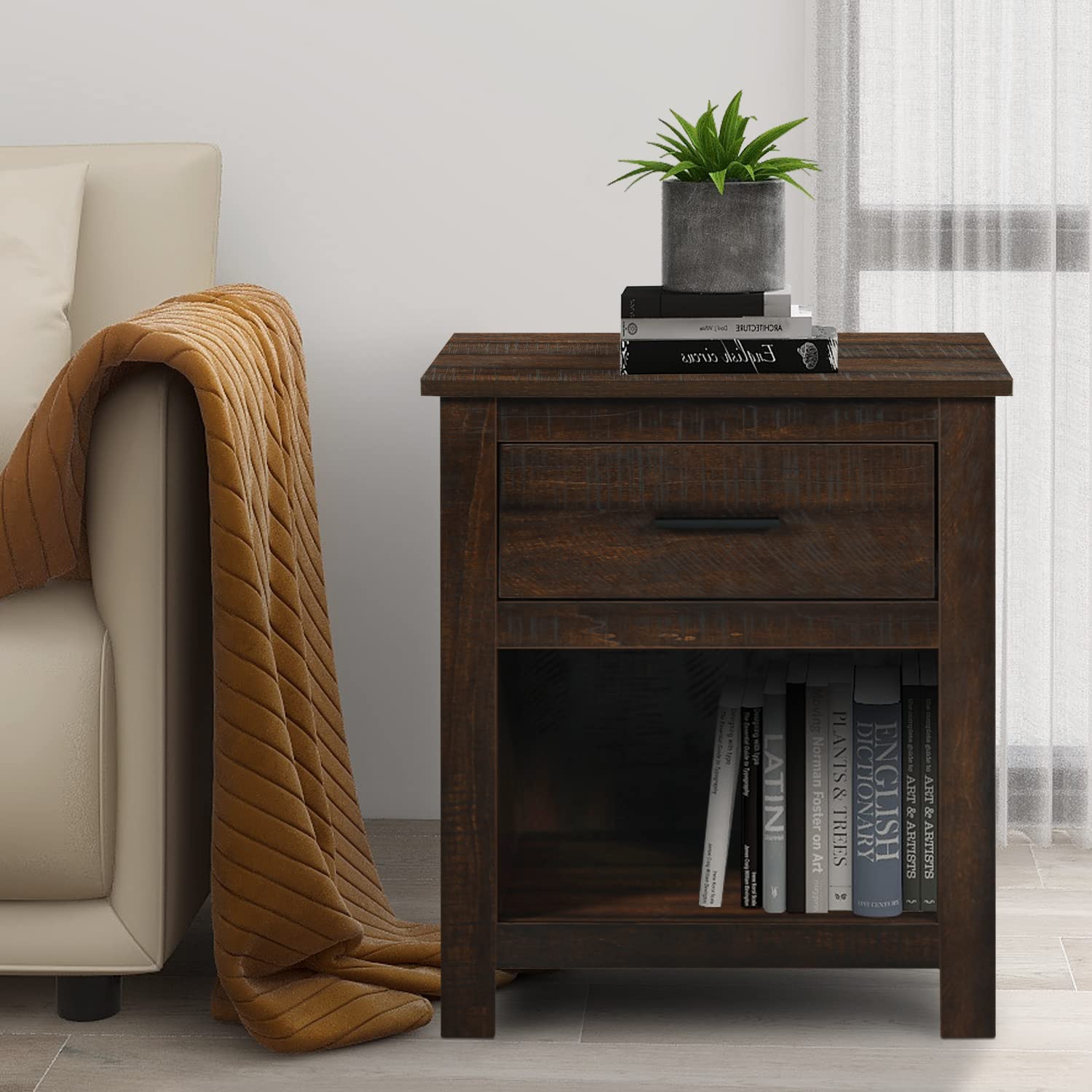 Farmhouse End Table with Drawer and Shelf - Rustic Side Table for Living Room, Bedroom or Office - Espresso Wood Nightstand - Perfect for Coffee, Books and Decor Storage