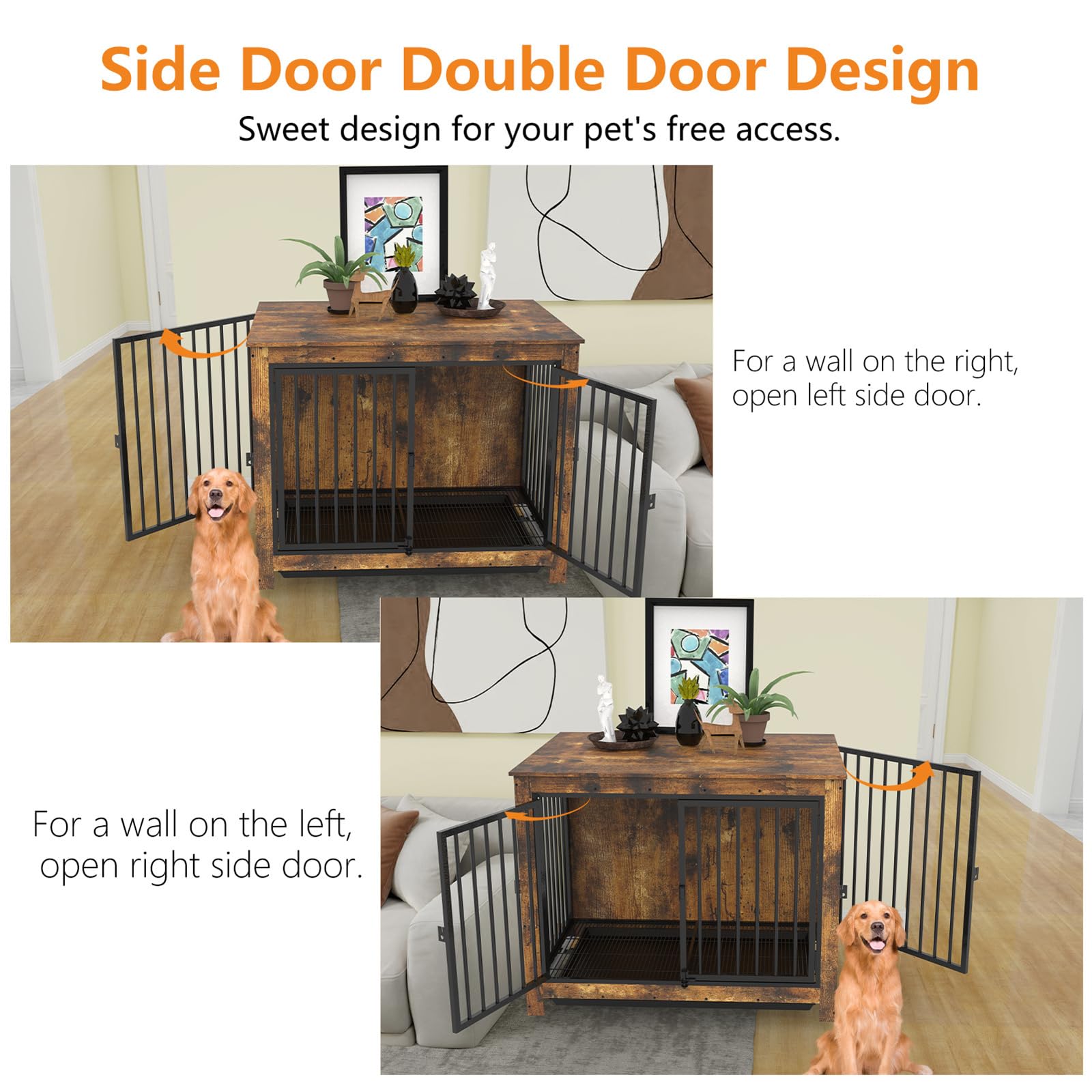 Modern Wooden Dog Crate Furniture - Large Indoor Kennel with Removable Tray & Double Doors | Rustic Brown Pet Cage for Living Room, Bedroom & Home Decor | Durable Multi-Purpose Dog Furniture for Medium to Large Breeds