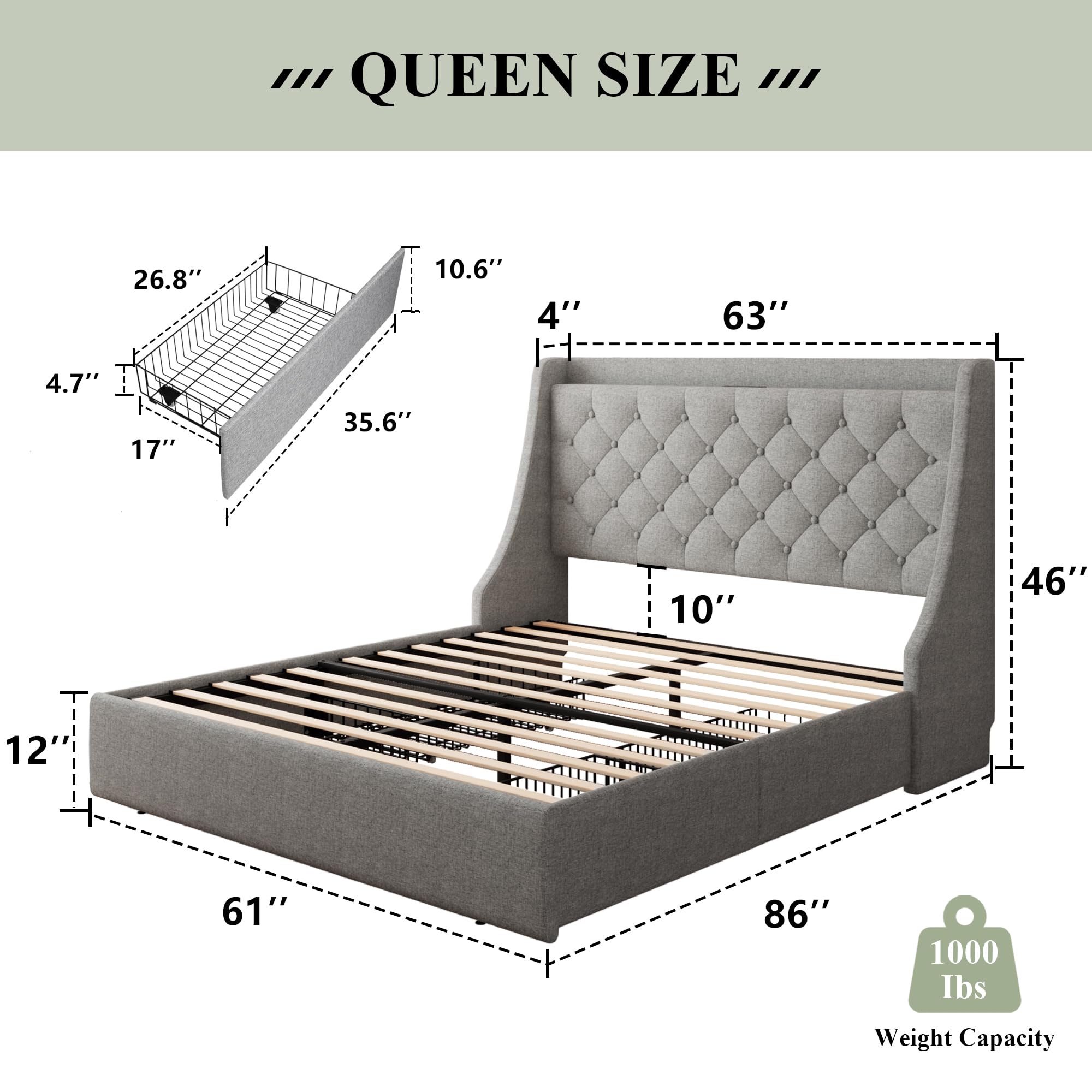 Feonase Queen Size Upholstered Storage Bed Frame with 4 Drawers & USB Charging Station - Tufted Wingback Headboard, No Box Spring Needed, Light Grey (FEO737) - Perfect for Small Bedrooms, Guest Rooms & Modern Apartments