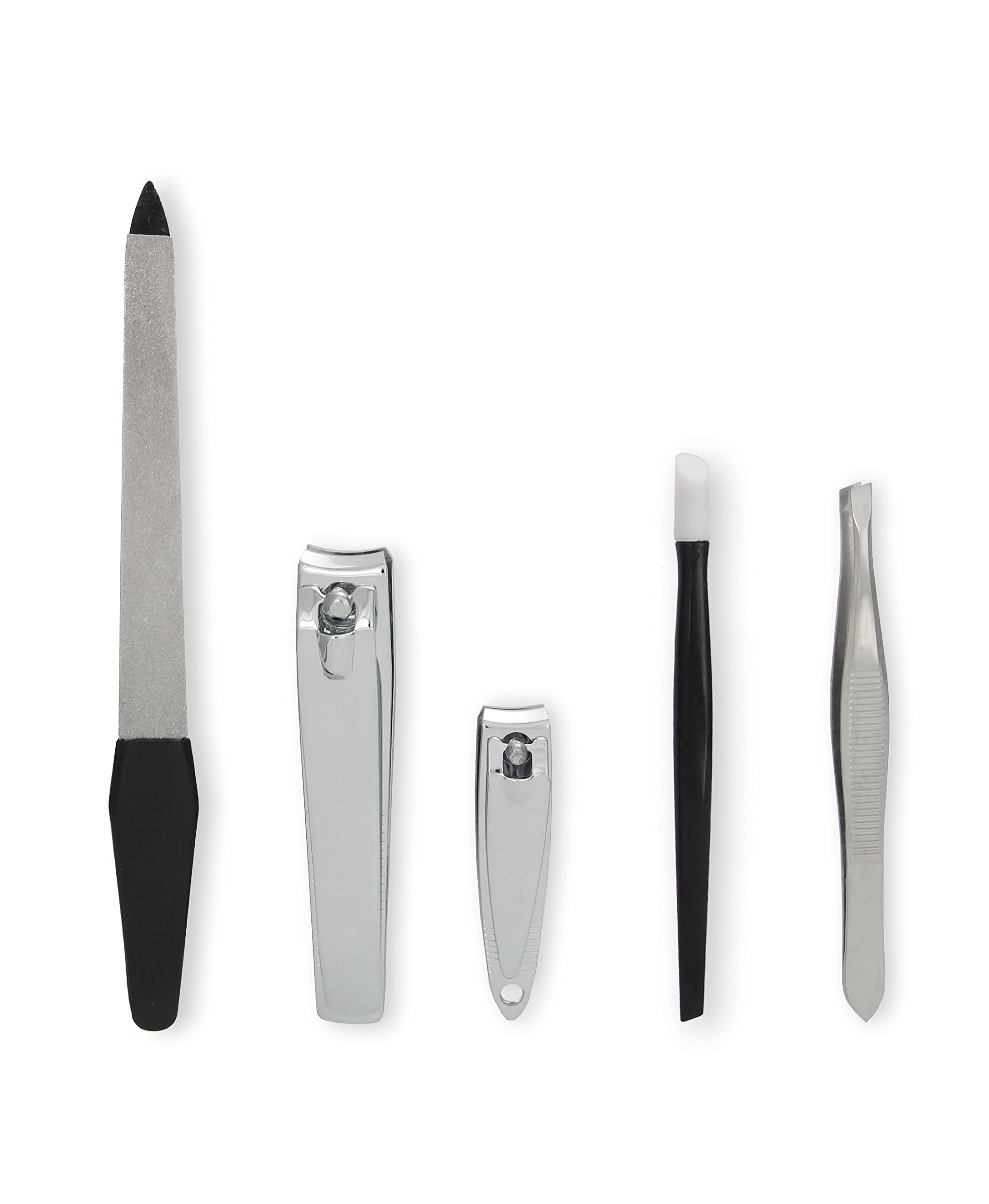 Amazon Basics 5-Piece Basic Grooming Kit for Men & Women - Nail Clippers, Tweezers, Scissors, Nail File & Cuticle Pusher - Perfect for Travel, Home & Personal Care