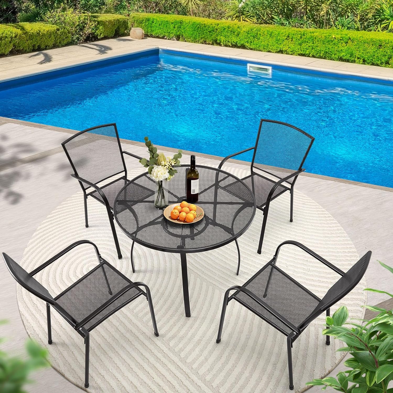 AECOJOY 37 Inch Round Outdoor Patio Table with Umbrella Hole - Weather-Resistant Steel Dining Table for Backyard, Garden, Porch, Bistro - Dark Grey - Perfect for Outdoor Dining, Entertaining & Relaxing