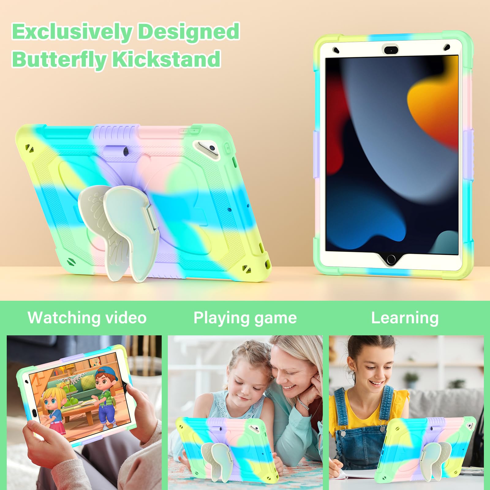 Shockproof iPad Case for Kids Girls - Compatible with iPad 9th/8th/7th Gen & iPad Air 3rd Gen (10.2 Inch), Built-in Pencil Holder, Butterfly Stand & Adjustable Shoulder Strap - Full Body Protective Cover (Green) - Perfect for School, Travel & Outdoor Activities