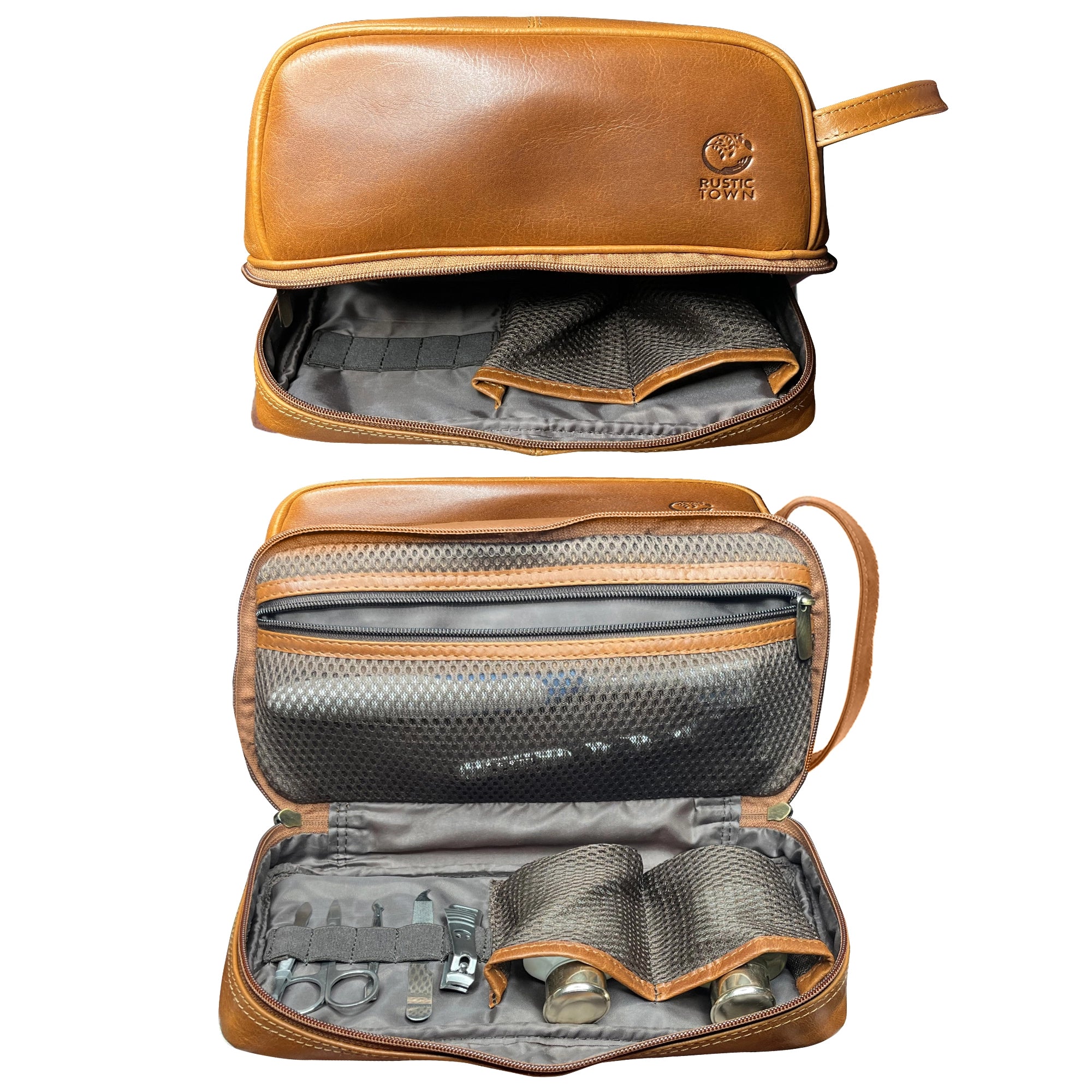 Premium Leather Travel Makeup Bag for Women - Waterproof Cosmetic Organizer Toiletry Pouch (Cognac Brown) - Perfect for Vacation, Business Trips & Gym Essentials