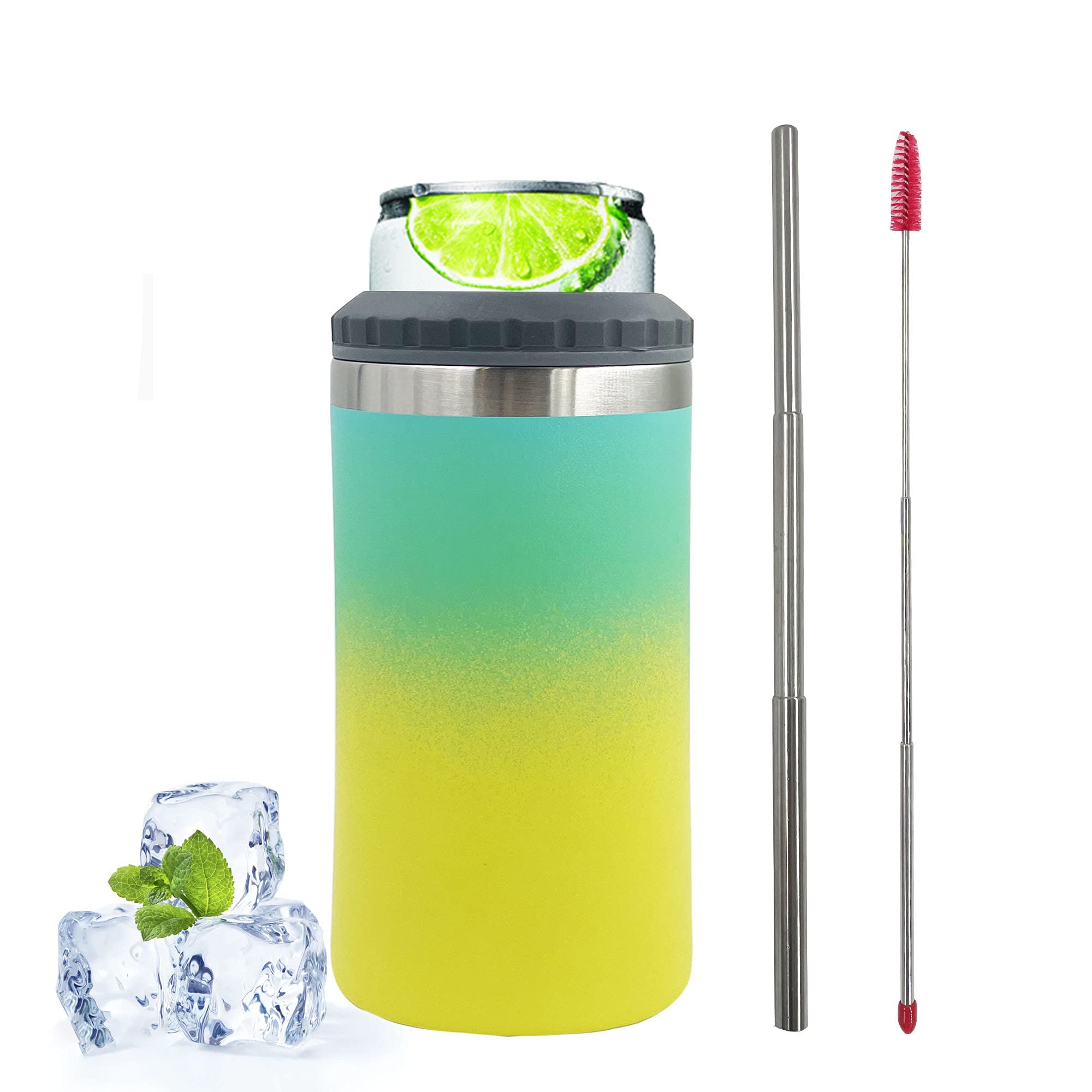 4-in-1 Stainless Steel Double-Walled 12 oz Slim Can Cooler, Regular & Skinny Can Holder, Beer Can & Bottle Insulator, Octagonal Design (Yellow-Green, 1 Pack) - Perfect for Outdoor Adventures, Parties, and Everyday Use