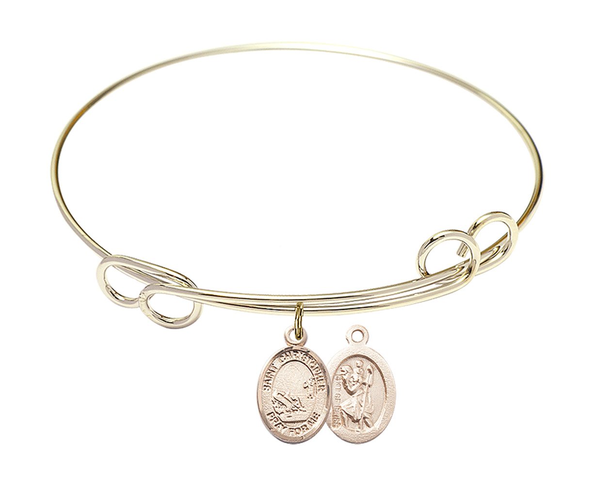 7 1/2 Inch Round Double Loop Bangle Bracelet with St. Christopher Fishing Charm - Perfect for Travel Protection & Outdoor Adventures