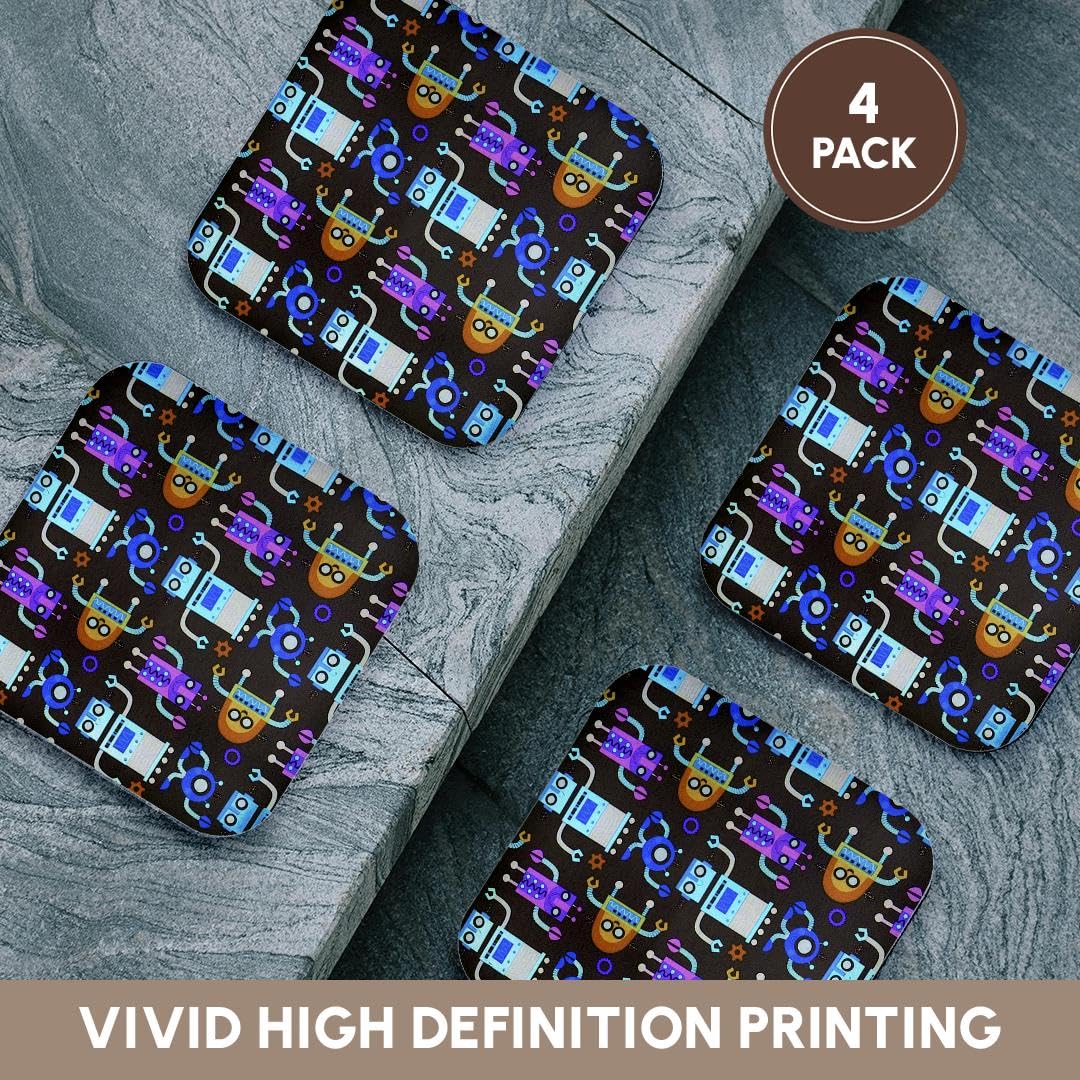 3D Rose Set of 4 Soft Coasters - Blue Orange Purple Robots Design on Black Background | Perfect for Coffee Mugs, Beer Glasses & Home Decor
