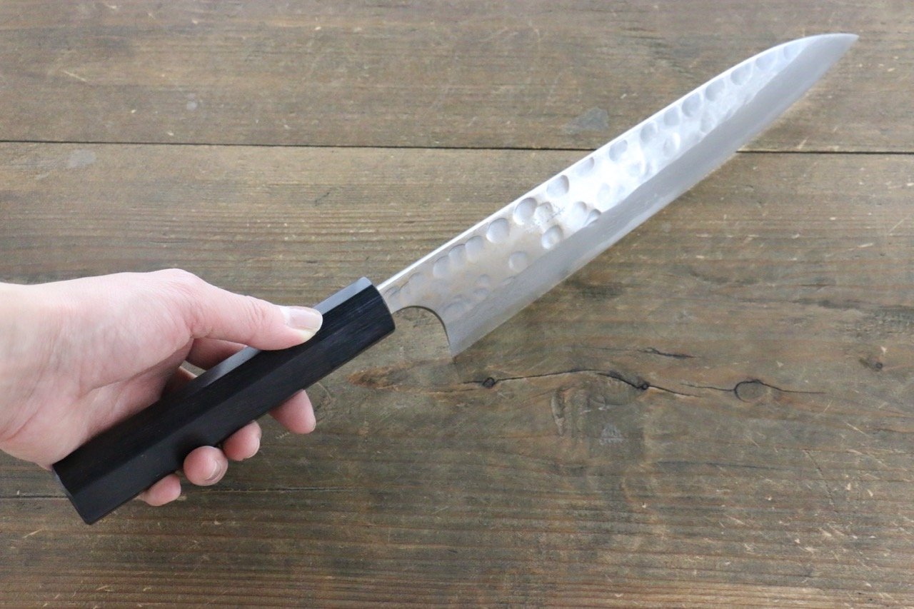 Premium Seisuke Blue Steel No.2 Hammered Damascus Gyuto Chef Knife 210mm - Japanese Shitan Handle - Professional Kitchen Knife for Slicing, Dicing & Meat Cutting