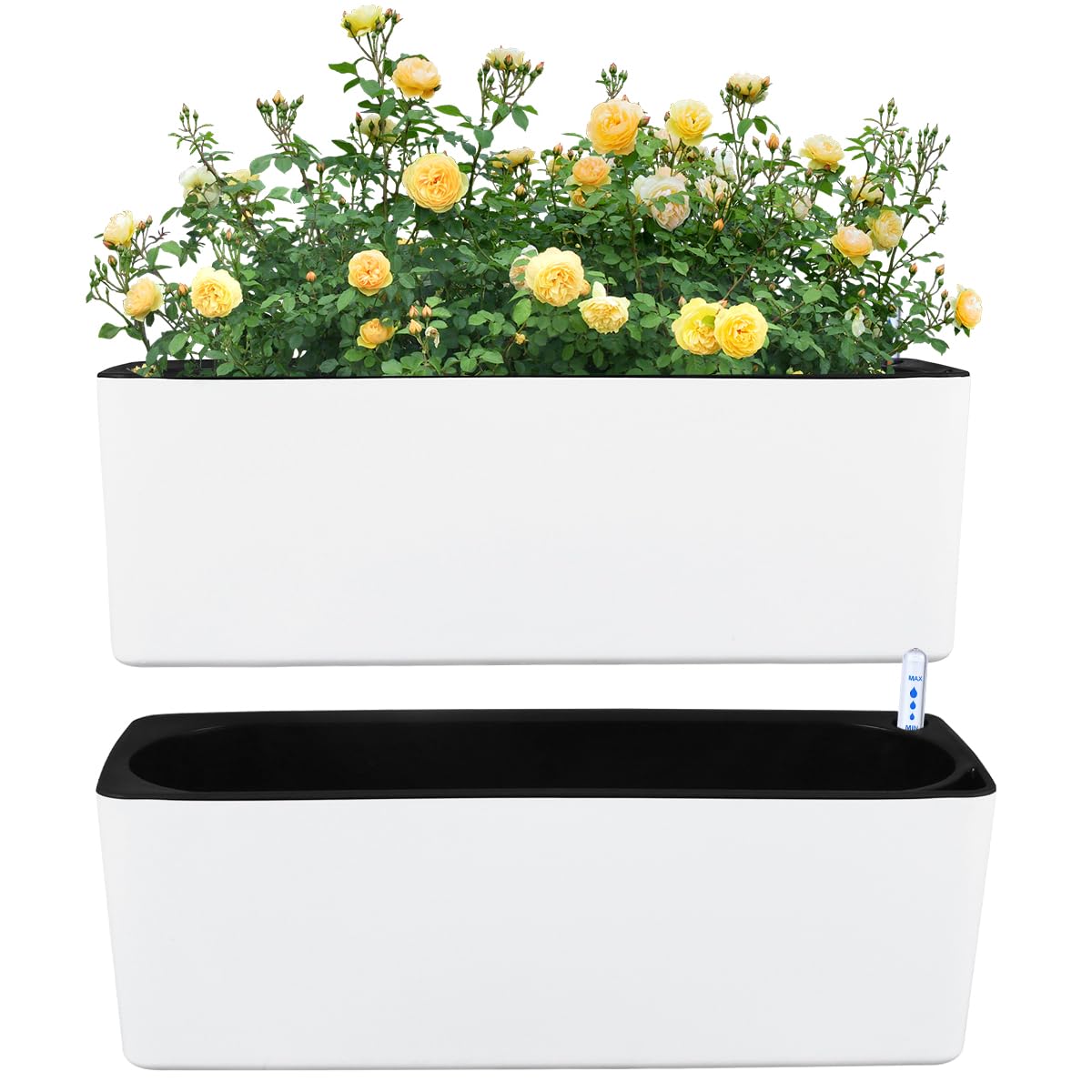 2 Pack Black Self Watering Rectangular Planters - 15.6 x 5.4 Inch Indoor Window Sill Flower Pots with Drainage Holes | Perfect for Herbs, Succulents & Small Plants in Kitchen, Office or Balcony