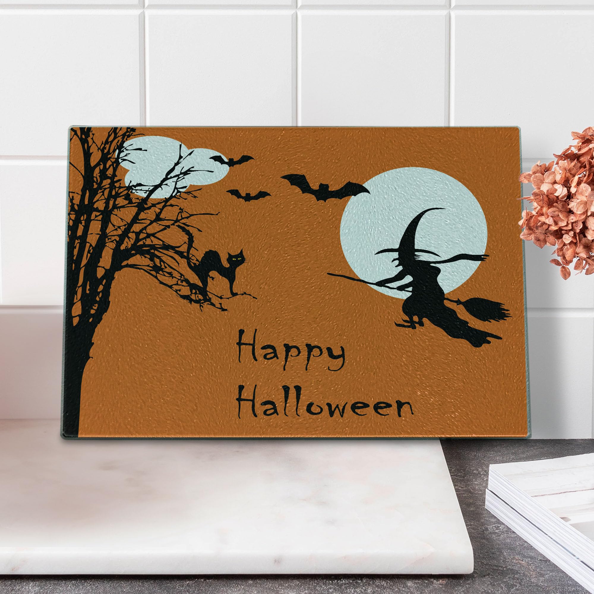 Lunarable Halloween Witch Cutting Board - Flying Witch, Full Moon, Bat Silhouette Design - Tempered Glass Serving Board for Kitchen & Party Decor - Small Size Orange Black White - Perfect for Halloween Parties, Kitchen Decor & Gift Giving