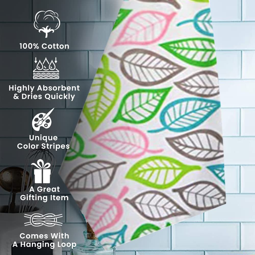 Premium 100% Ring Spun Cotton Kitchen Towels Set of 3 - Super Absorbent 17.7x27.5 Inch Printed Dish Cloths with Leaf Design | Ultra Soft Tea Towels for Cooking, Baking, Cleaning & Kitchen Decor