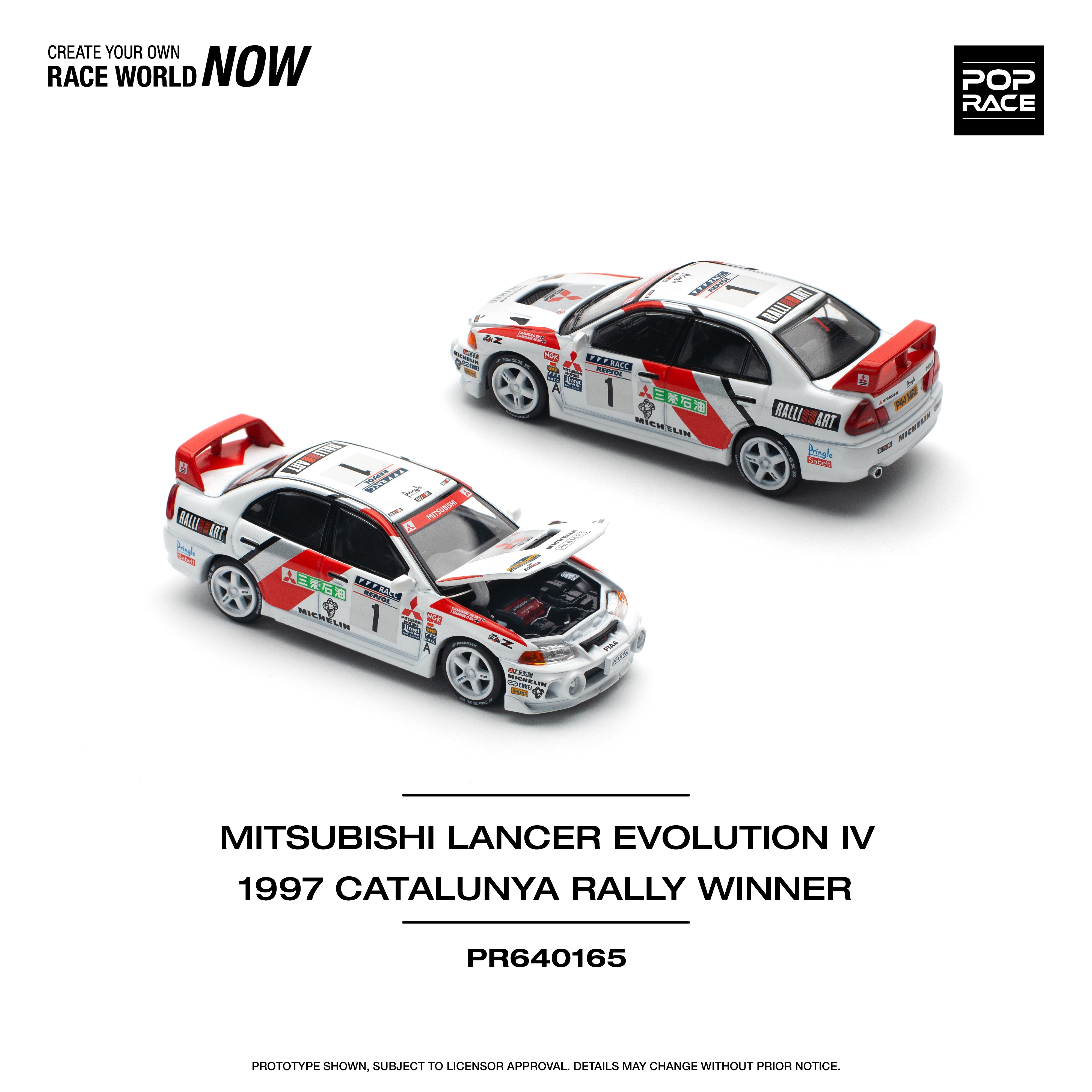 Pop Race 1:64 Scale Mitsubishi Lancer EVO IV Rally Car - 1997 Catalunya Rally Winner - Diecast Model Collectible for Racing Enthusiasts & Display - Perfect for Home Office Decor, Car Shows & Gift Giving