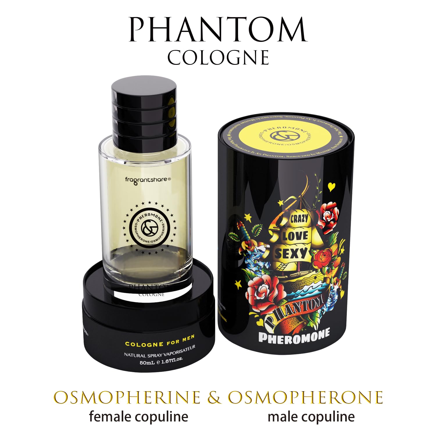 Phantom Cologne for Men & Women - Original Pheromone Perfume Oil, 1.67oz/50mL, Woody Aromatic Fougère Scent | Long-Lasting Fragrance for Date Night, Office & Special Occasions