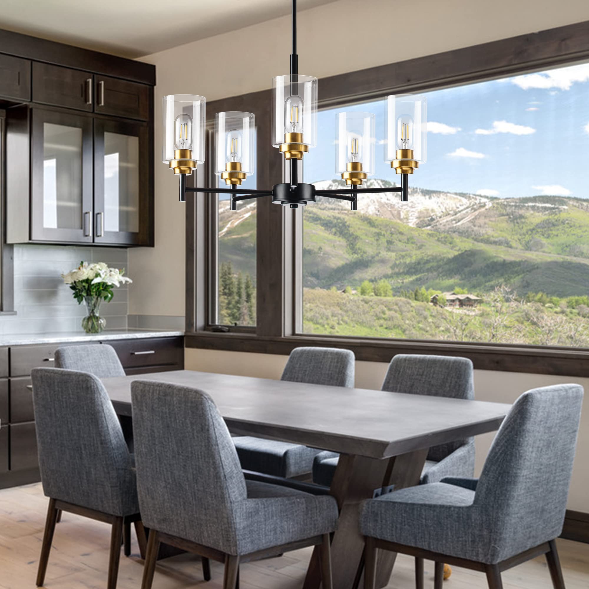 5-Light Glass Farmhouse Chandelier - Modern Black & Gold Pendant Lighting for Dining Room, Kitchen Island, Foyer, Living Room & Bedroom | Elegant Ceiling Fixture for Home Decor & Dining Ambiance