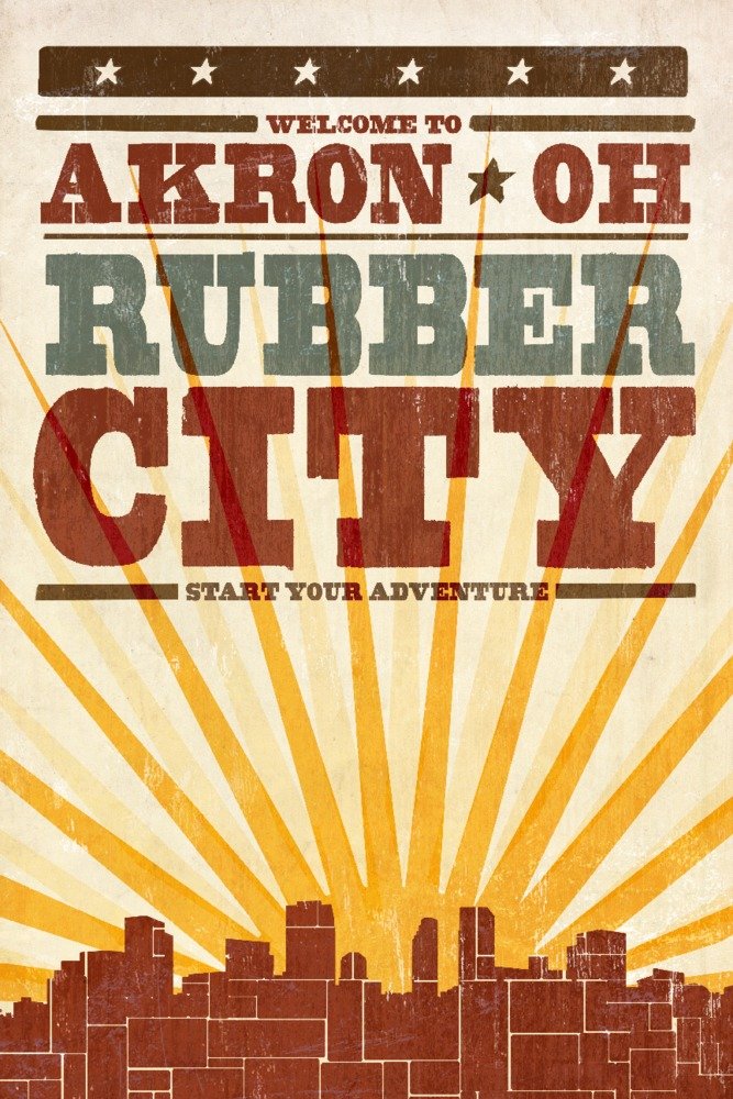 Vintage Akron Ohio Skyline Sunburst Screenprint Art - 24x36 Signed Wall Decor Poster for Home & Office | Unique Cityscape Print, Perfect for Living Room, Bedroom or Office Decor