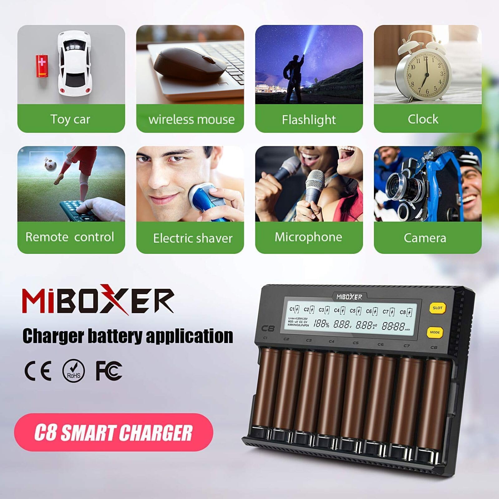 MiBOXER 8-Bay Smart Battery Charger for 18650, 21700, 26650, AA, AAA, C - Fast Charging LCD Display for Li-ion, LiFePO4, Ni-MH, Ni-Cd Batteries - Perfect for Vaping, Flashlights, and Electronic Devices