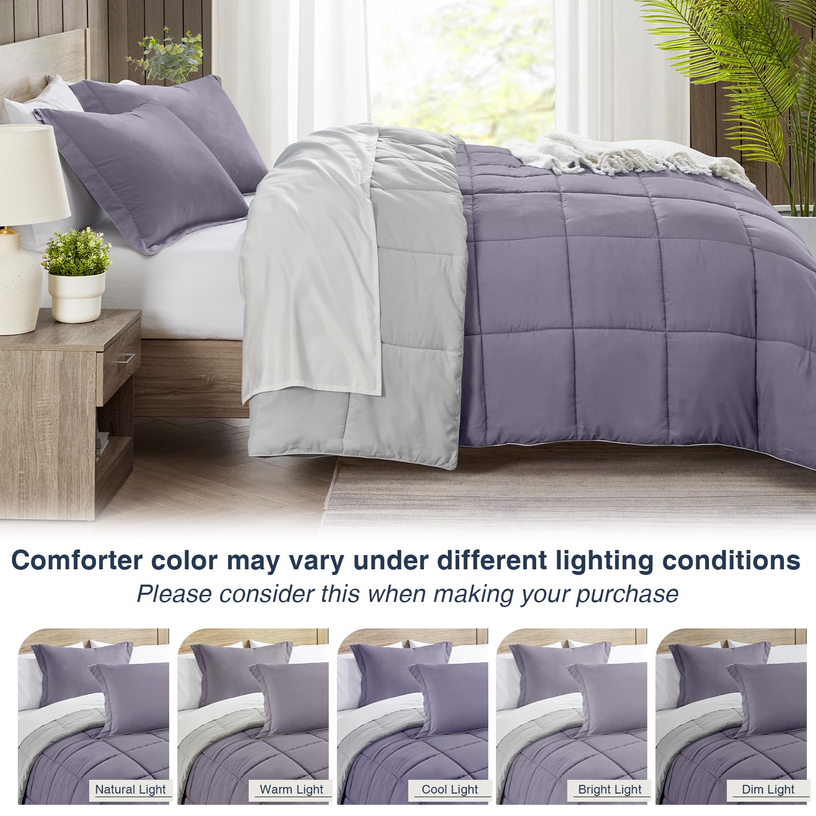 Satisomnia Full Size Comforter Set - 3 Piece Purple Down Alternative Bedding, Lightweight & Breathable Reversible Quilted Comforter for All Seasons | Soft Bed Set for Master Bedroom, Guest Room & Dorm