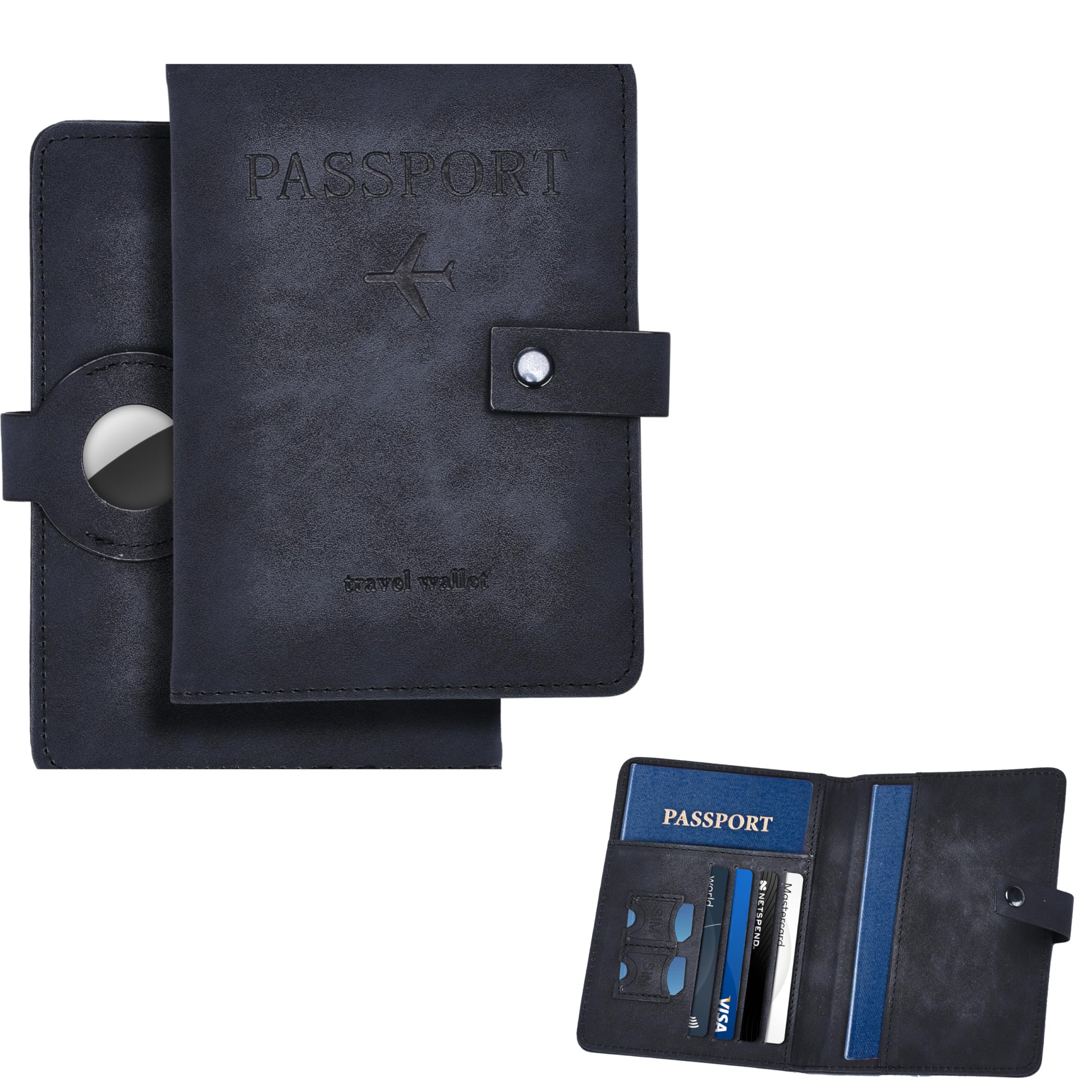 Premium Faux Leather Passport Holder with Airtag Slot - RFID Blocking Travel Wallet for Men & Women - Secure Snap Button & Loop Design Passport Cover Organizer - Perfect for International Travel, Business Trips & Vacations - Black