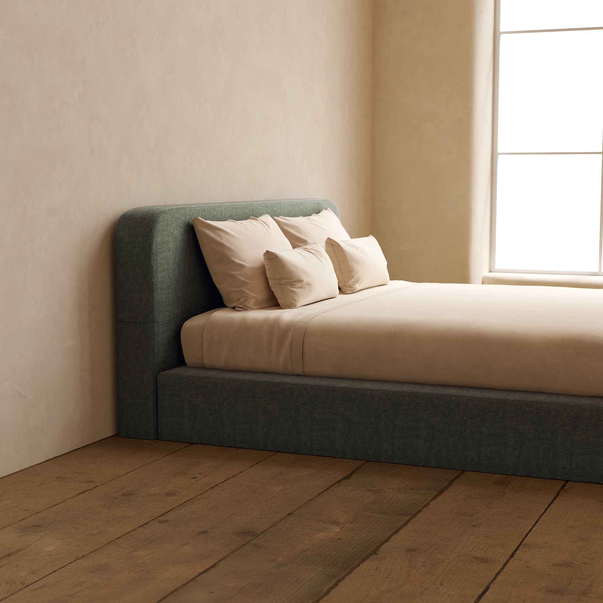 King Upholstered Platform Bed with Headboard - Heirloom Velvet in Willow | Modern Bedroom Furniture for Master Bed, Guest Room & Apartment