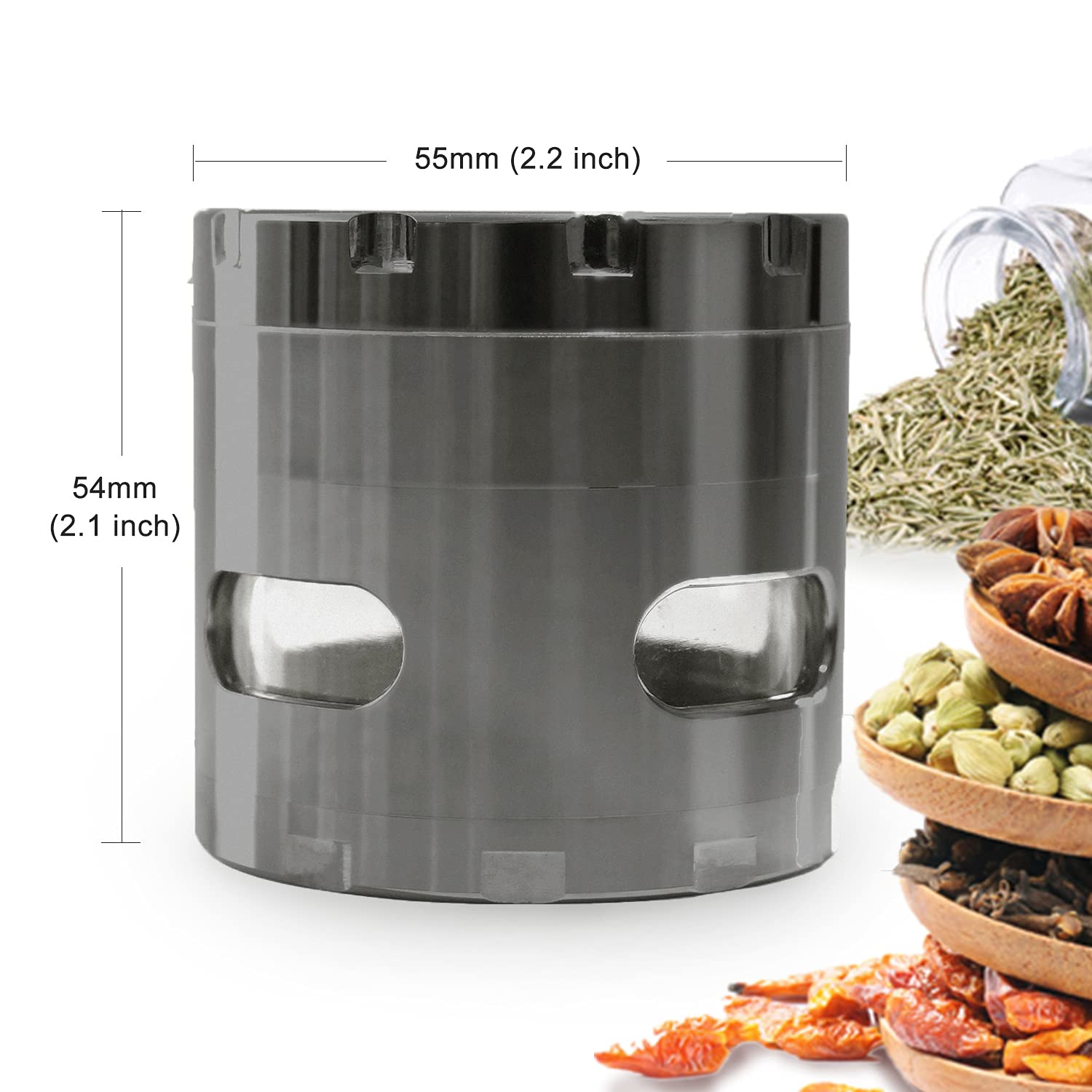 Premium 55mm Manual Spice Grinder - 4-Piece Metal Spice Mill for Fresh Herbs & Seasonings - Perfect for Kitchen, Cooking & Gourmet Meal Prep - Grey