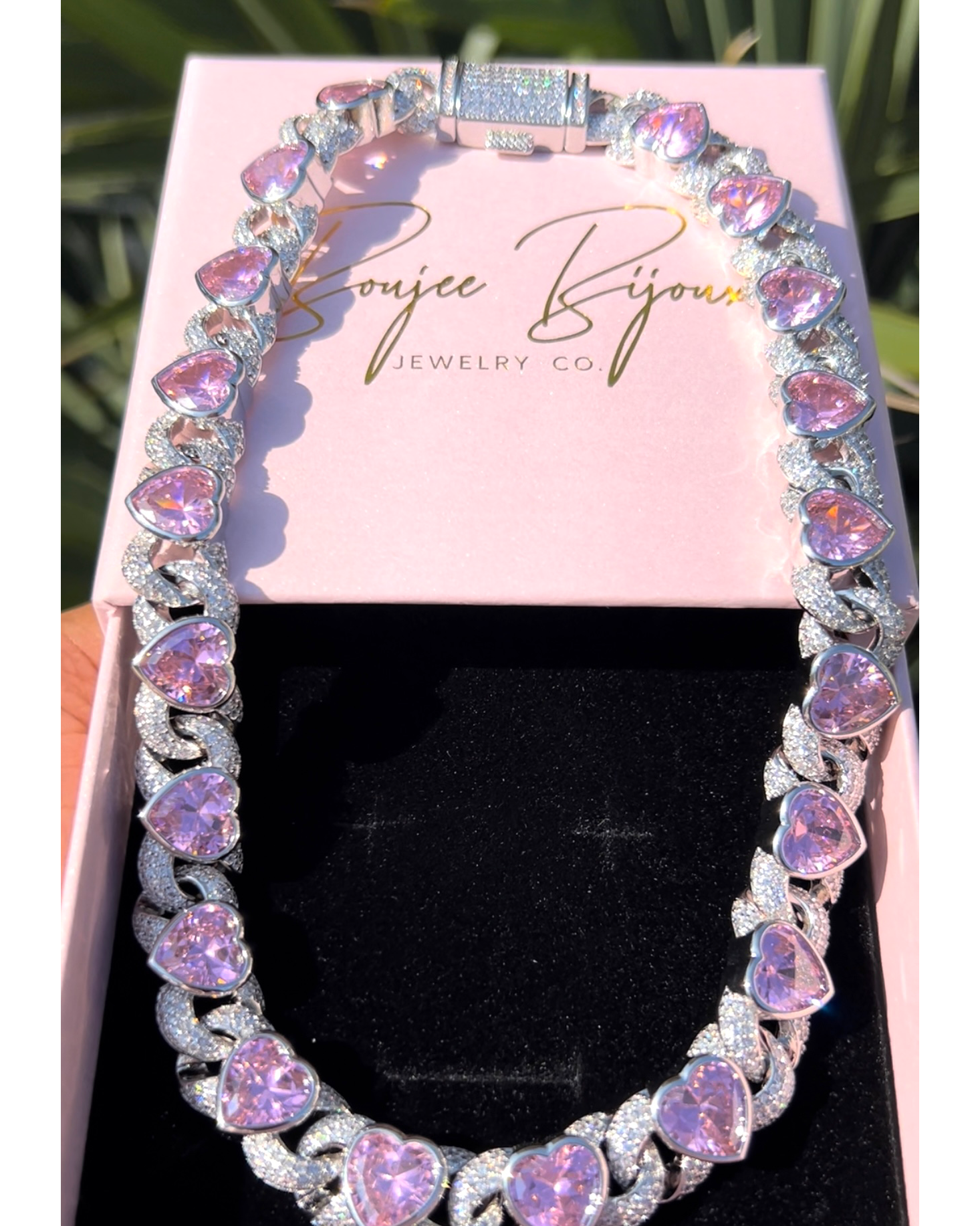 Icy Pink Heart Cuban Chain Necklace - Elegant 18K Gold Plated Jewelry for Women, Perfect for Valentine's Day Gifts & Romantic Date Nights