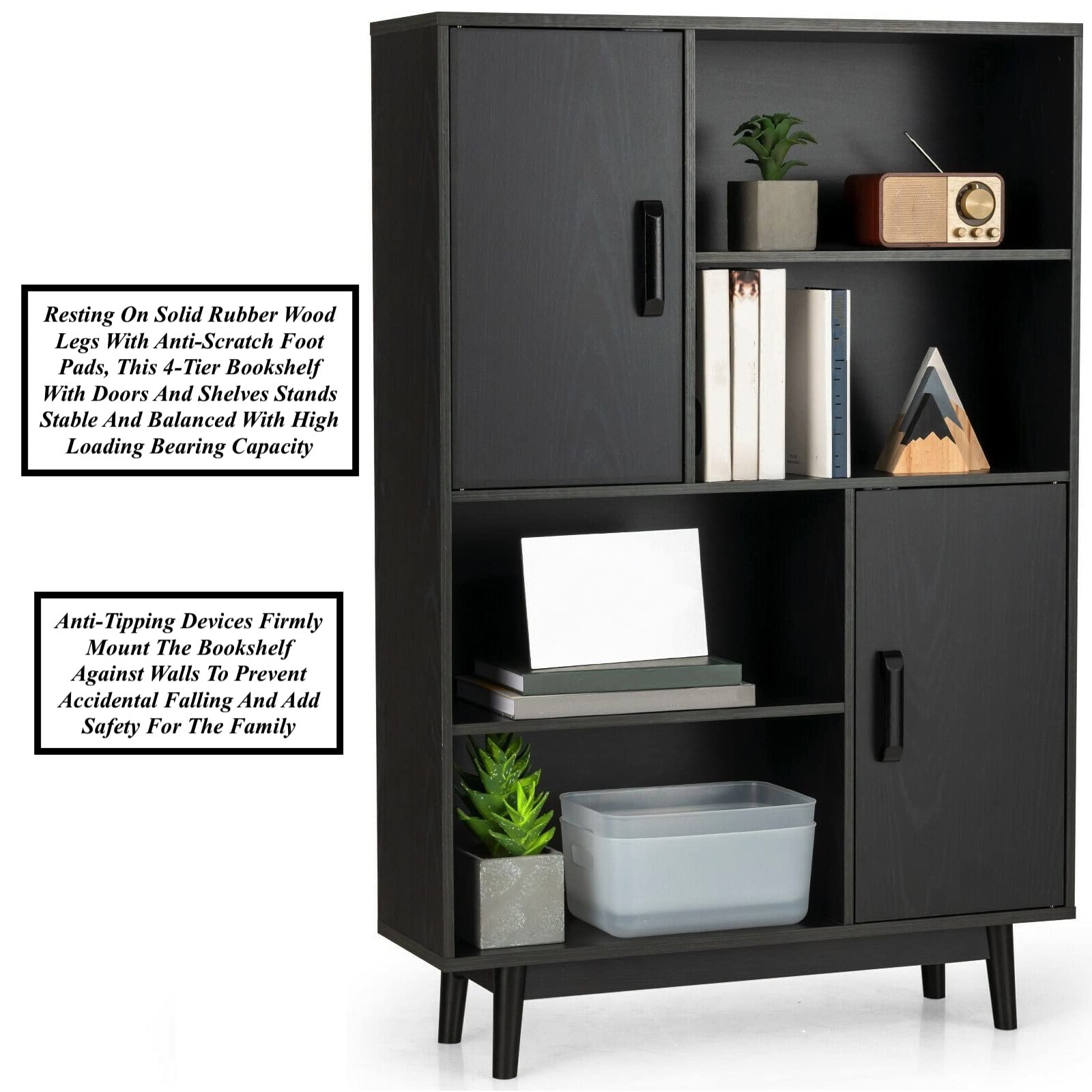 Black Storage Cabinet with 2 Doors & 4 Open Shelves - 31.5