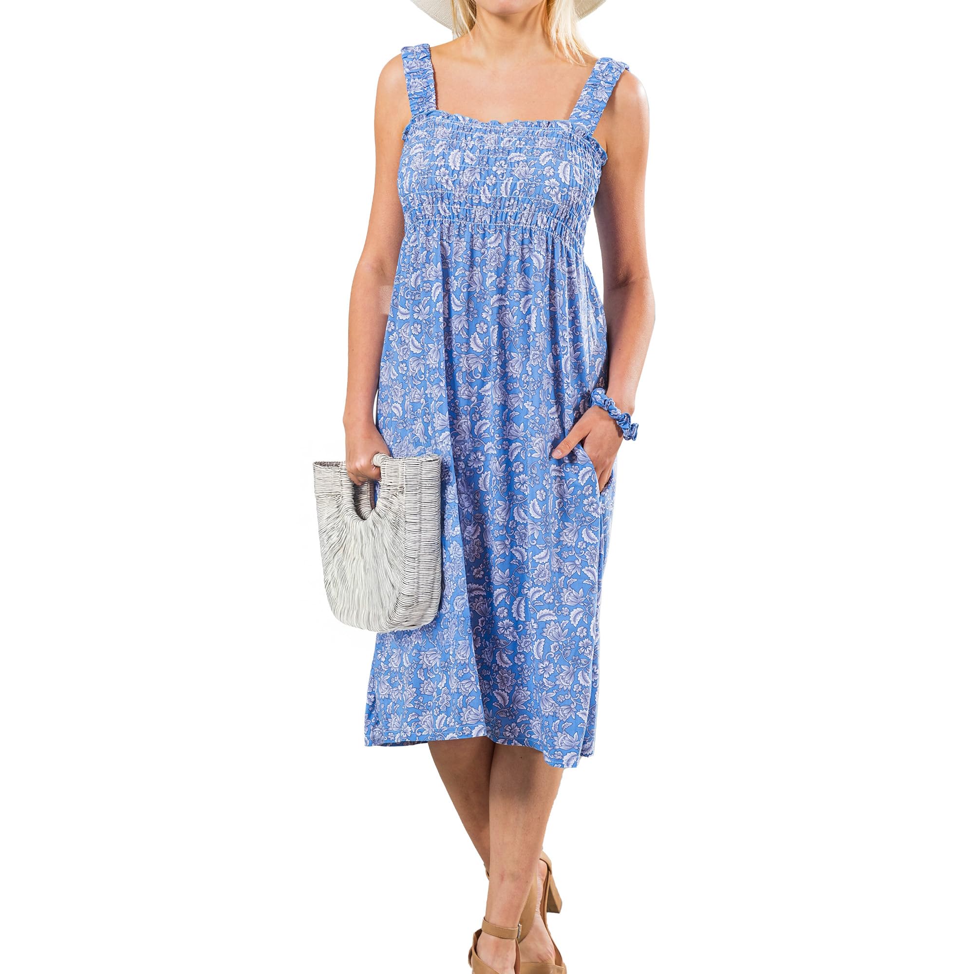 Floral Sundress with Pockets - Women's Sleeveless Long Beach Dress for Vacation 2024 | Includes Free Scrunchie | Perfect for Summer Getaways, Beach Parties & Tropical Vacations