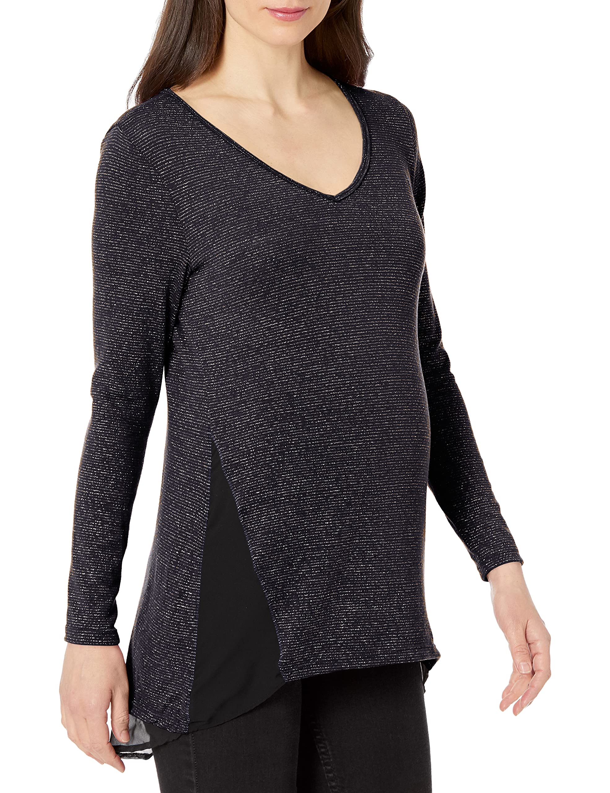Three Seasons Maternity Women's Long Sleeve Lurex V-Neck Top - Soft Stretch Pregnancy Shirt for Work & Casual Wear