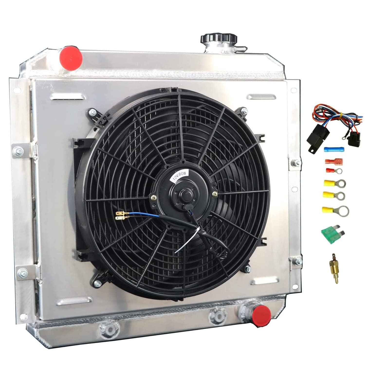 4 Row Aluminum Radiator for 1958-1984 Toyota Land Cruiser FJ40 FJ45 BJ42 BJ60 - High Performance Radiator with Electric Fan Shroud & Thermostat Kit - Perfect for Off-Roading, Overlanding & Classic Car Restoration