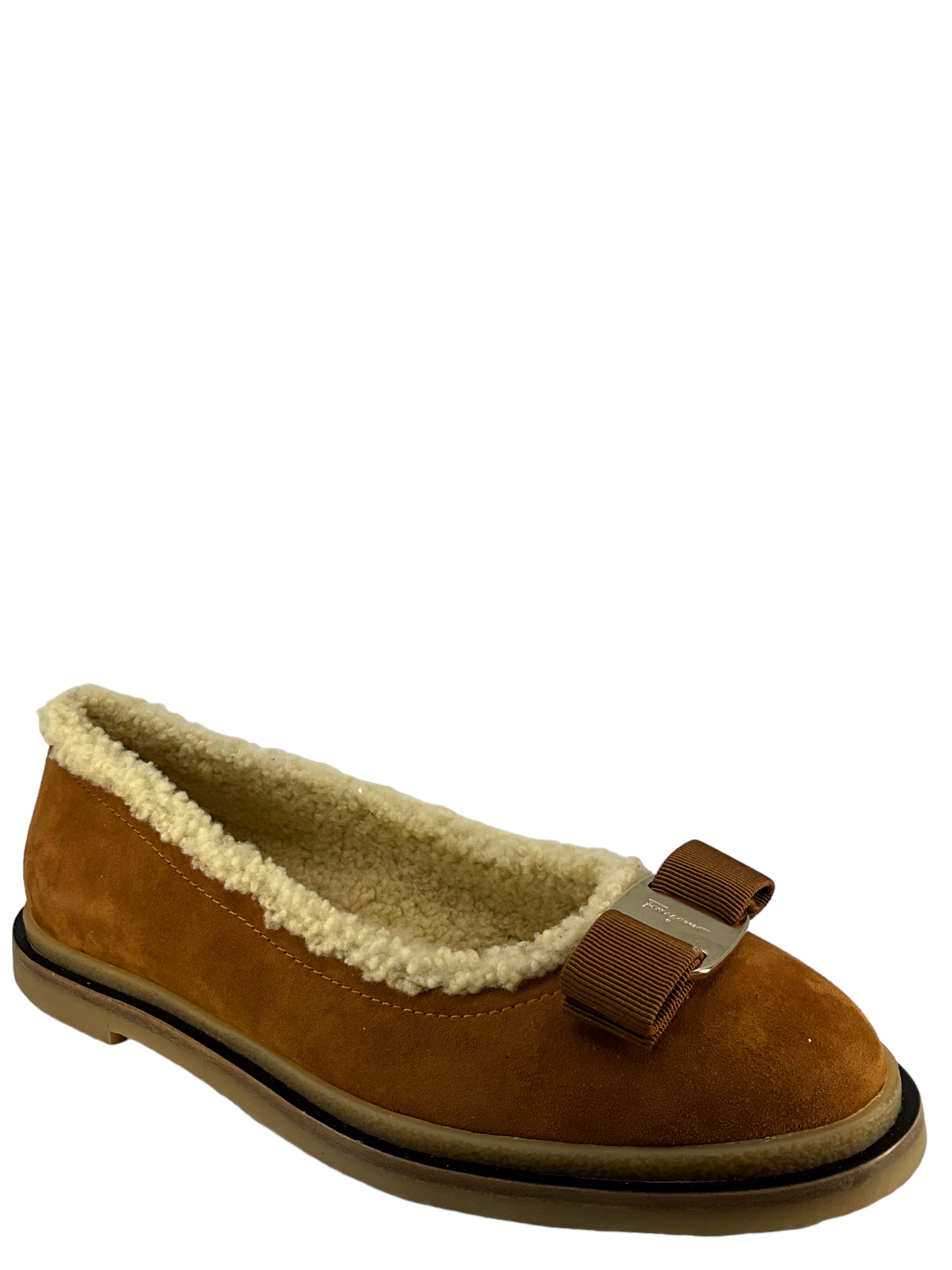 Salvatore Ferragamo Varina Suede Shearling Ballerina Flats - Women's Brown Size 7.5 | Comfortable Winter Shoes for Work & Casual Outfits