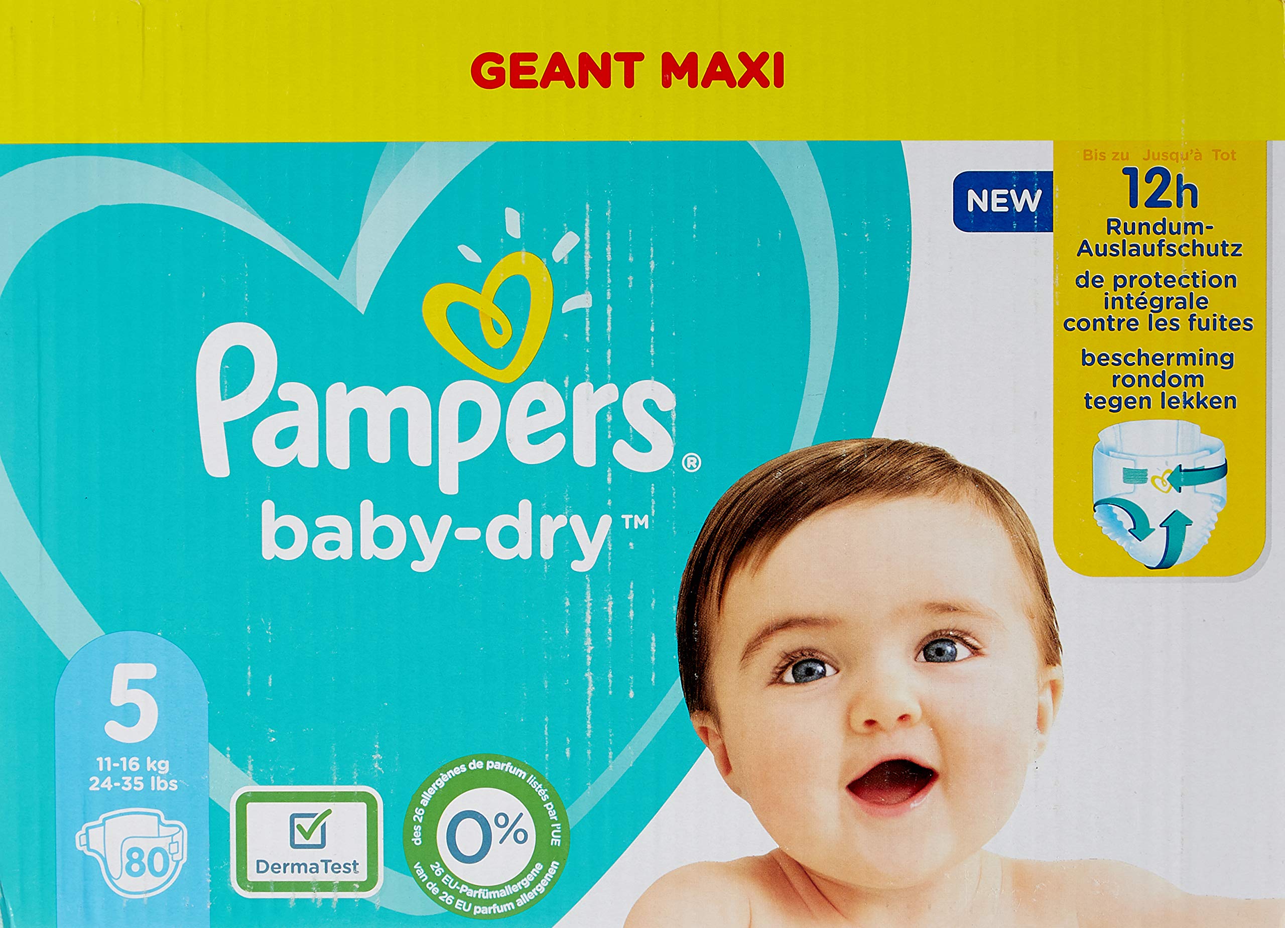 Pampers Baby Dry Diapers Size 5 (11-16kg) - 80 Count - Ultra Absorbent for Overnight Protection - Perfect for Active Toddlers at Daycare or Home