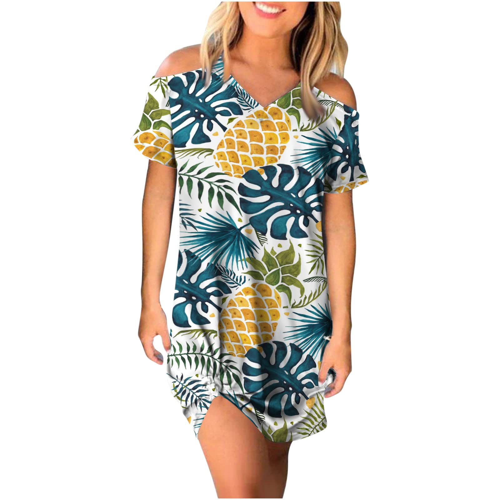 Women's Floral Sundress - Casual Short Sleeve V-Neck Mini Dress with Sequins & High Waist | Perfect for Summer Vacation, Beach Outings, and Date Nights