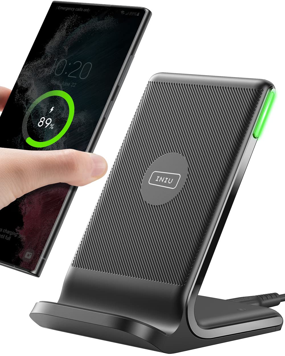 INIU 15W Qi Certified Fast Wireless Charging Stand with Sleep-Friendly Adaptive Light - Compatible with iPhone 16/15/14/13/12 Pro Max/Plus, Samsung Galaxy S23/S22 Ultra/S21/S20/Note 20, Google Pixel - Perfect for Bedside, Office & Travel Charging